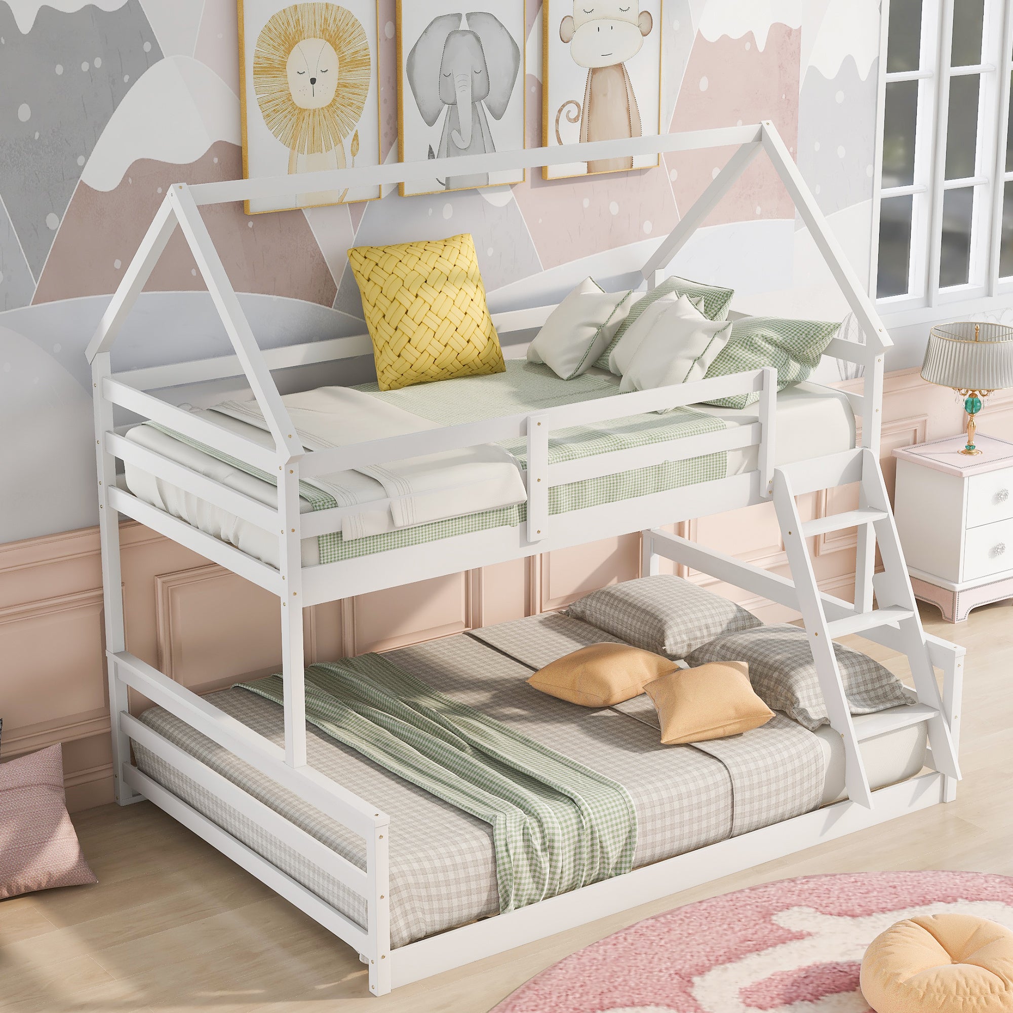 Twin over Full House Bunk Bed with Built-in Ladder,Gray