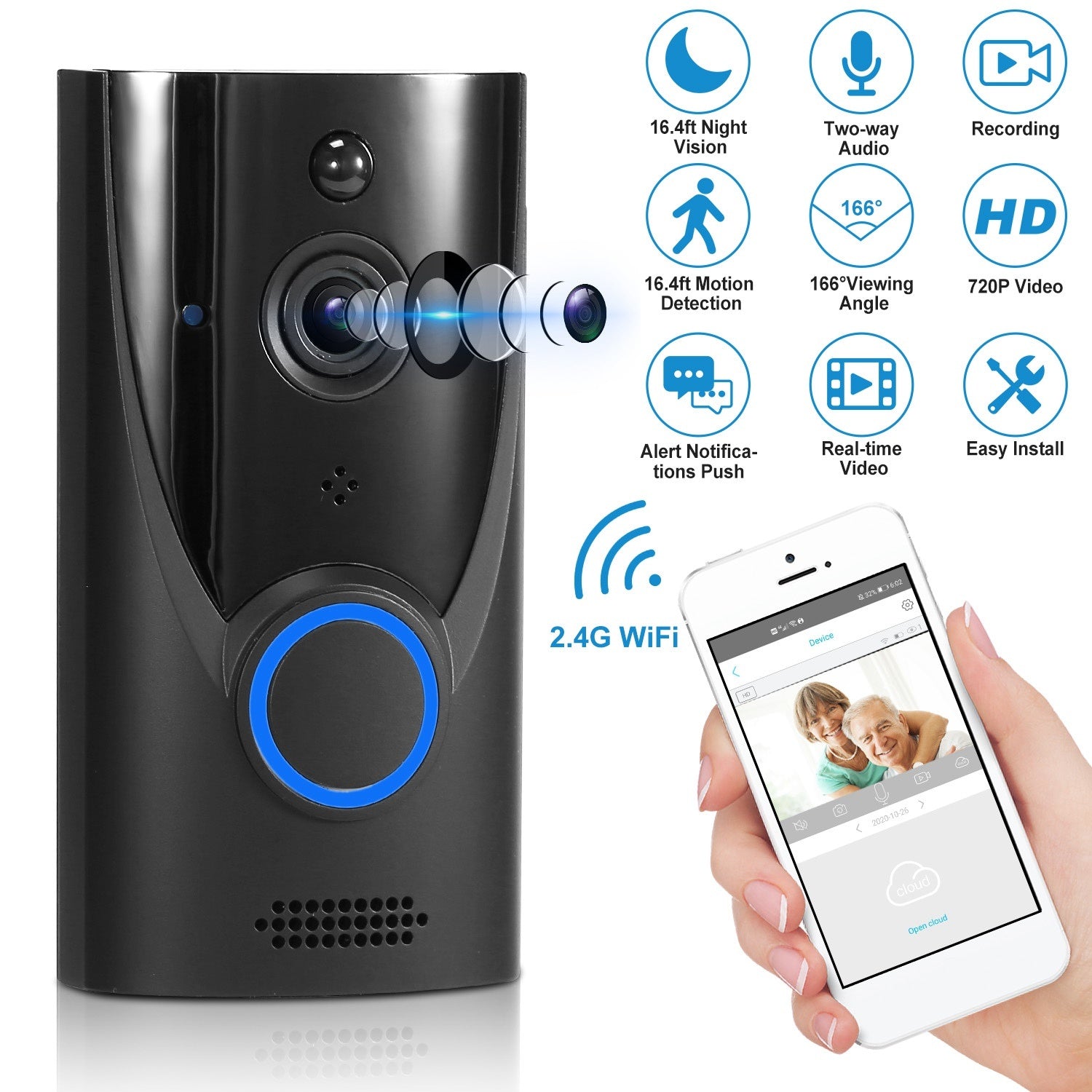 WiFi Video Doorbell Wireless Door Bell 720P HD WiFi Security Camera