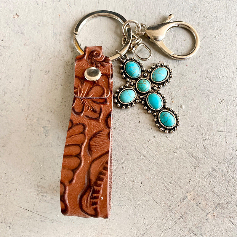 Vintage Embossed Leather Keychain Western Style Turquoise Textured Leather Keychain Jewelry