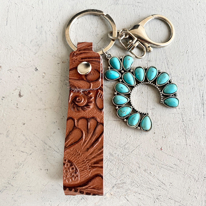 Vintage Embossed Leather Keychain Western Style Turquoise Textured Leather Keychain Jewelry