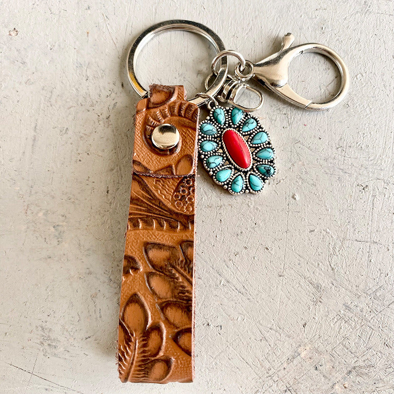 Vintage Embossed Leather Keychain Western Style Turquoise Textured Leather Keychain Jewelry