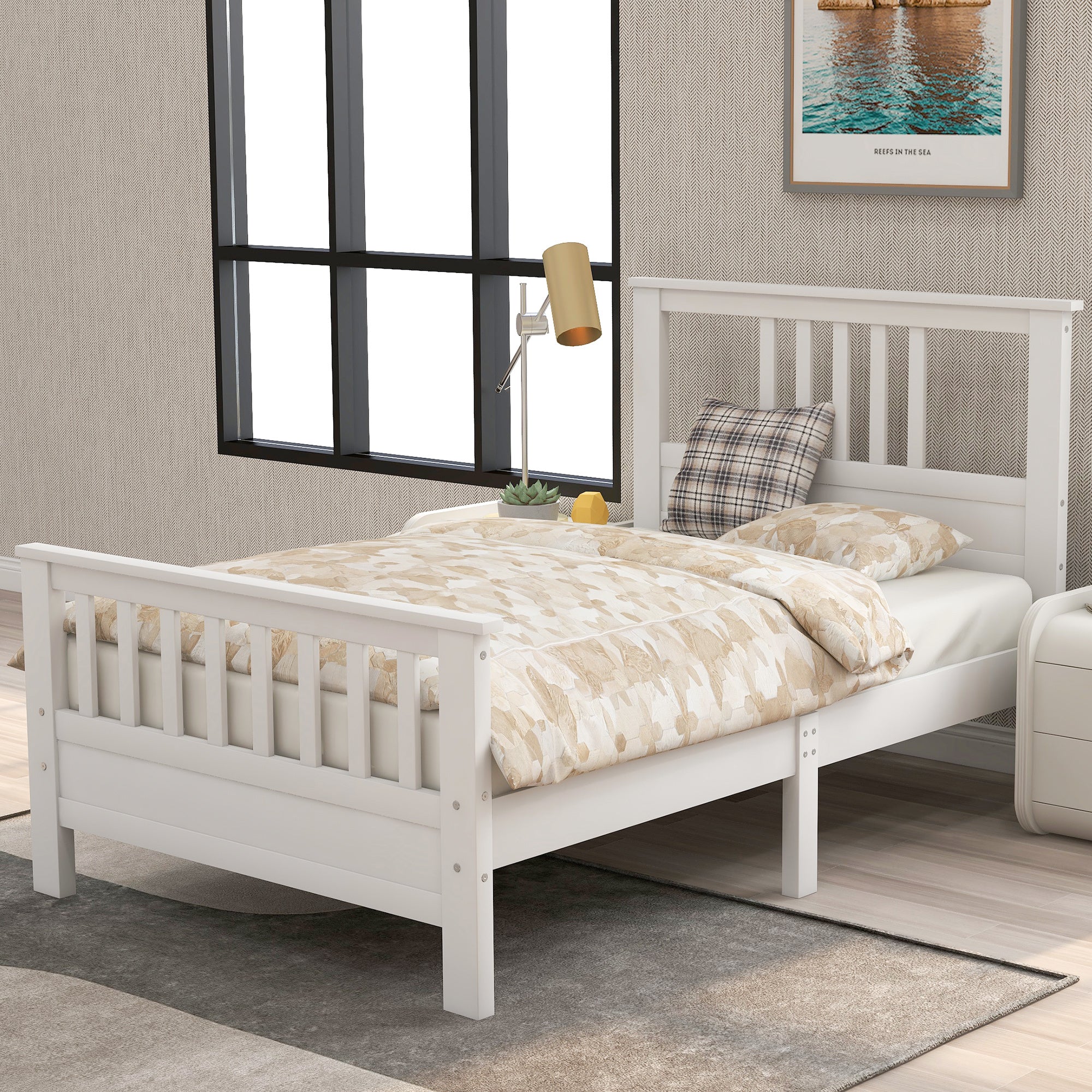 Wood Platform Bed with Headboard and Footboard; Twin (White)