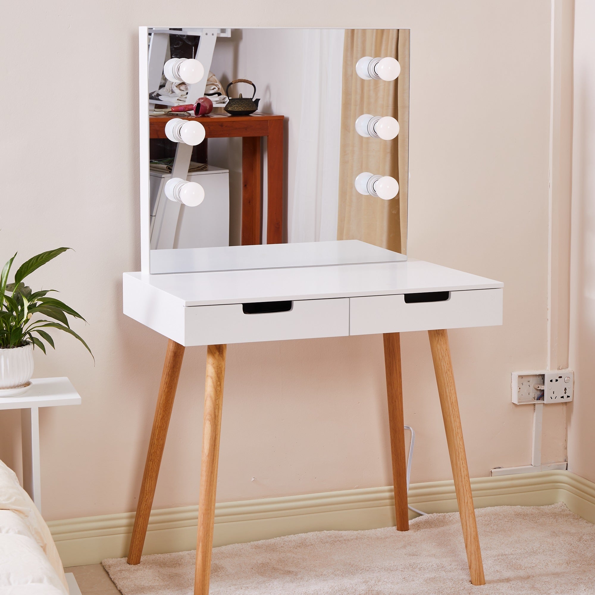 Wooden Vanity Table Makeup Dressing Desk with LED Light; White