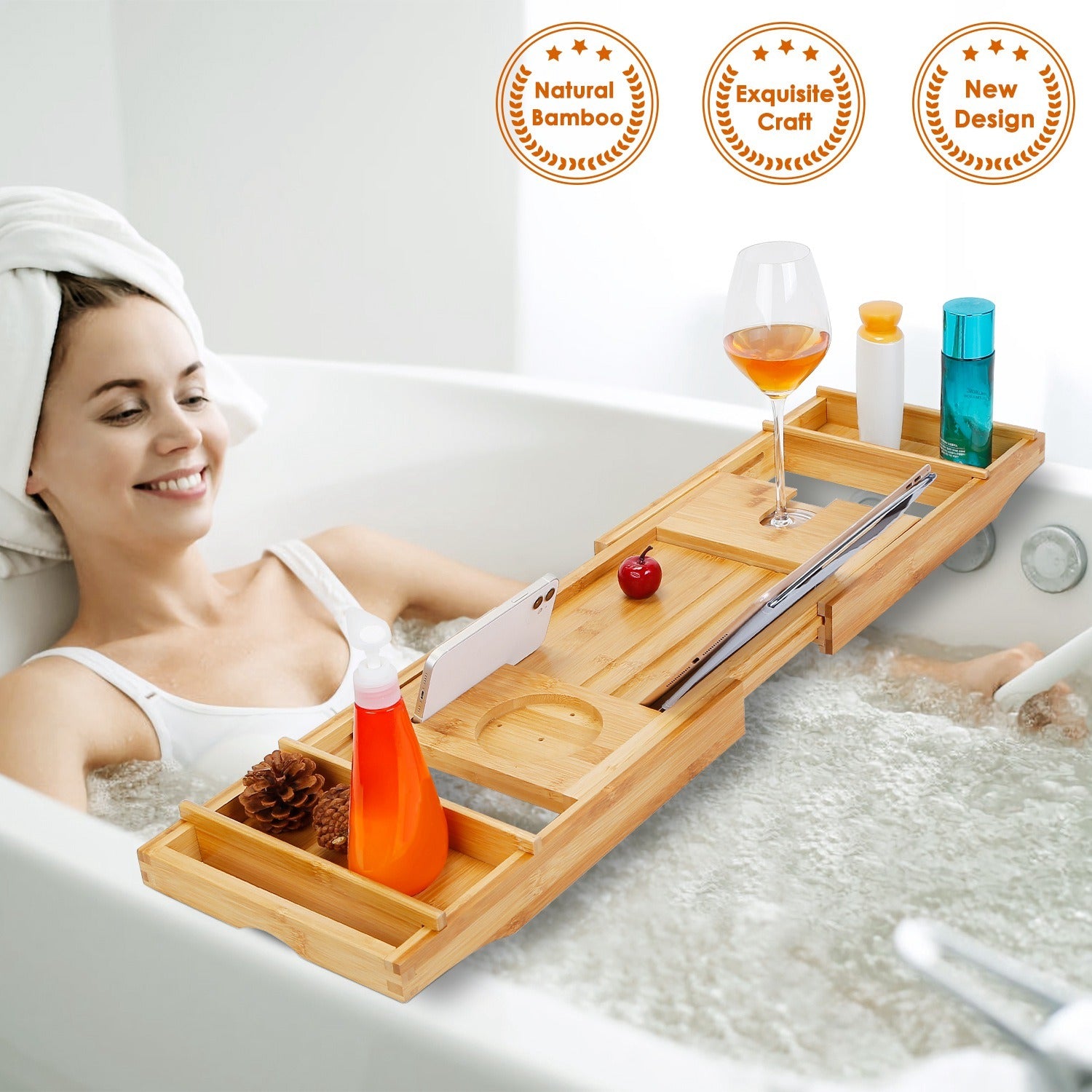 Bathtub Caddy Tray Crafted Bamboo Bath Tray Table Extendable Reading Rack Tablet Phone Holder