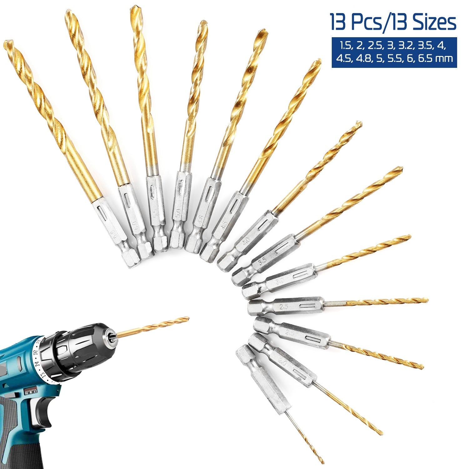 13 Pcs Hex Shank Drill Bit Set Titanium Coated Twist Drill Set High Speed Steel