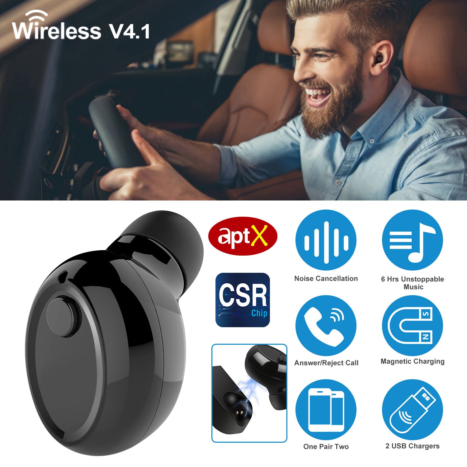 Wireless Single Earbud Wireless 4.1 Magnetic Charging In-ear Earpiece 6 Hours Working Noise Cancelling Handsfree Earphone