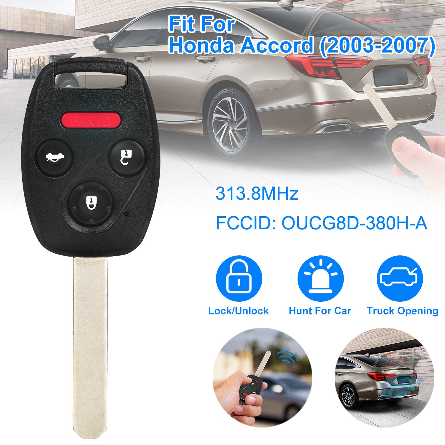 Fit For Honda Accord 2003-2007 Remote Keyless Entry Shell Button Car Key Fob Uncut Key Cover Case OUCG8D-380H-A FCCID 313.8MHz Frequency