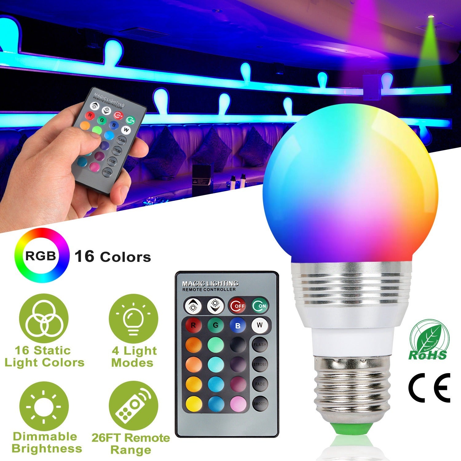 16 Colors Change LED Bulbs E27 3W RGB Dimmable Mood Lighting Lamp IR Remote Control