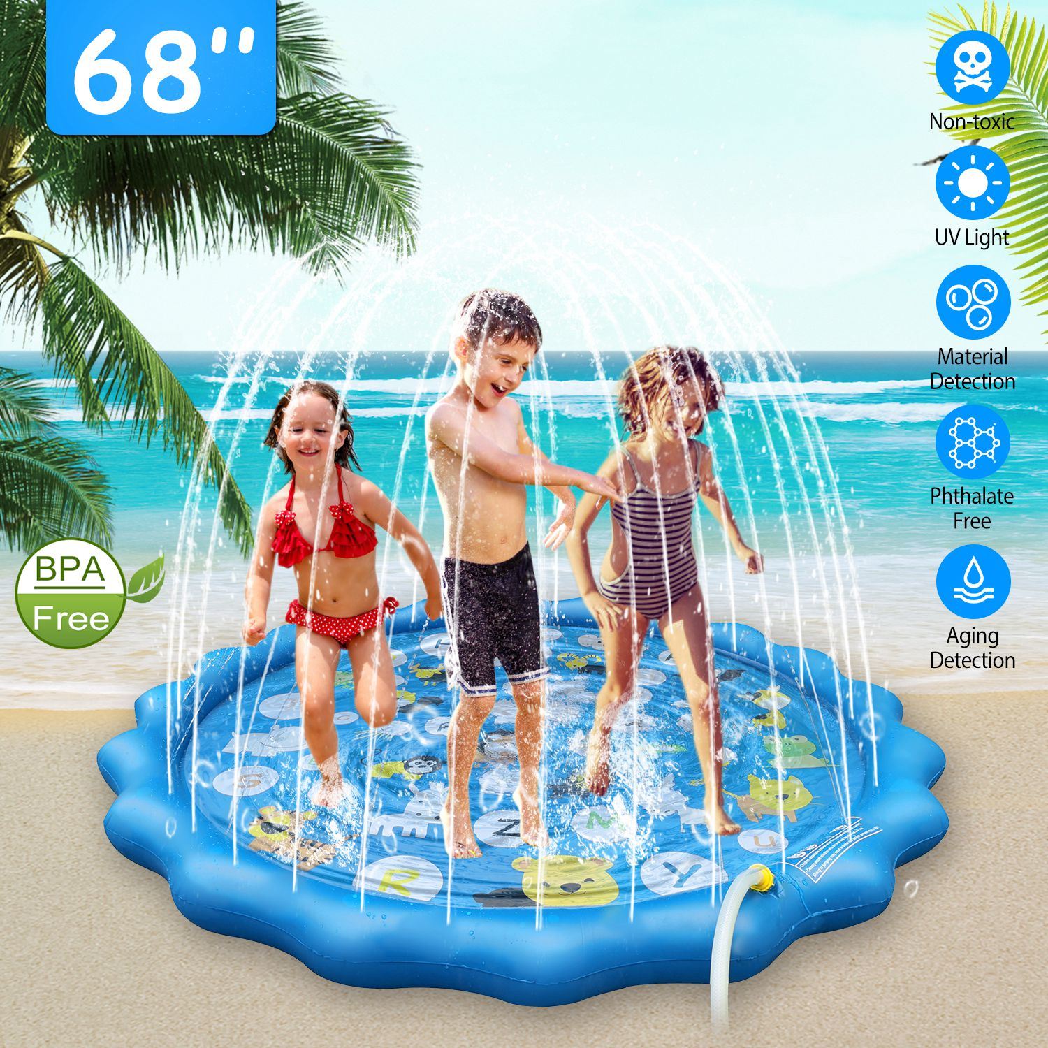 Sprinkler Splash Pad For Kids 68IN Inflatable Blow Up Pool Sprinkle Play Mat Summer Outdoor Water Toys
