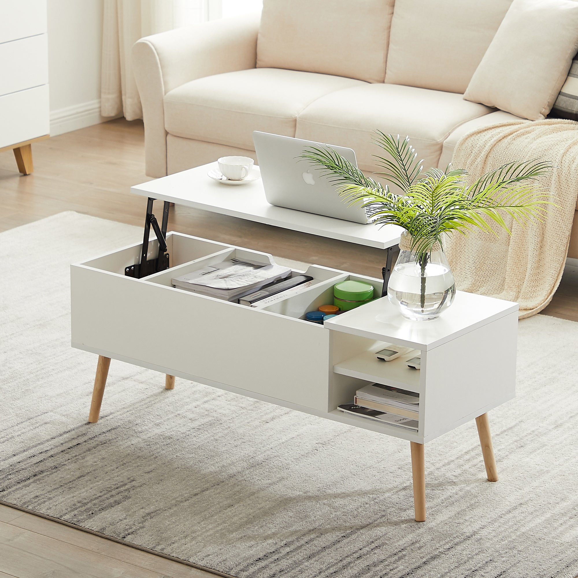 COFFEE TABLE; 15 minutes quick assemble; computer table; white color; solid wood legs support; big storage space; Liftable and lowerable table top; young people\'s favorite