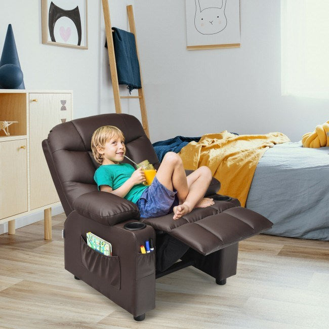 PU Leather Kids Recliner Chair with Cup Holders and Side Pockets