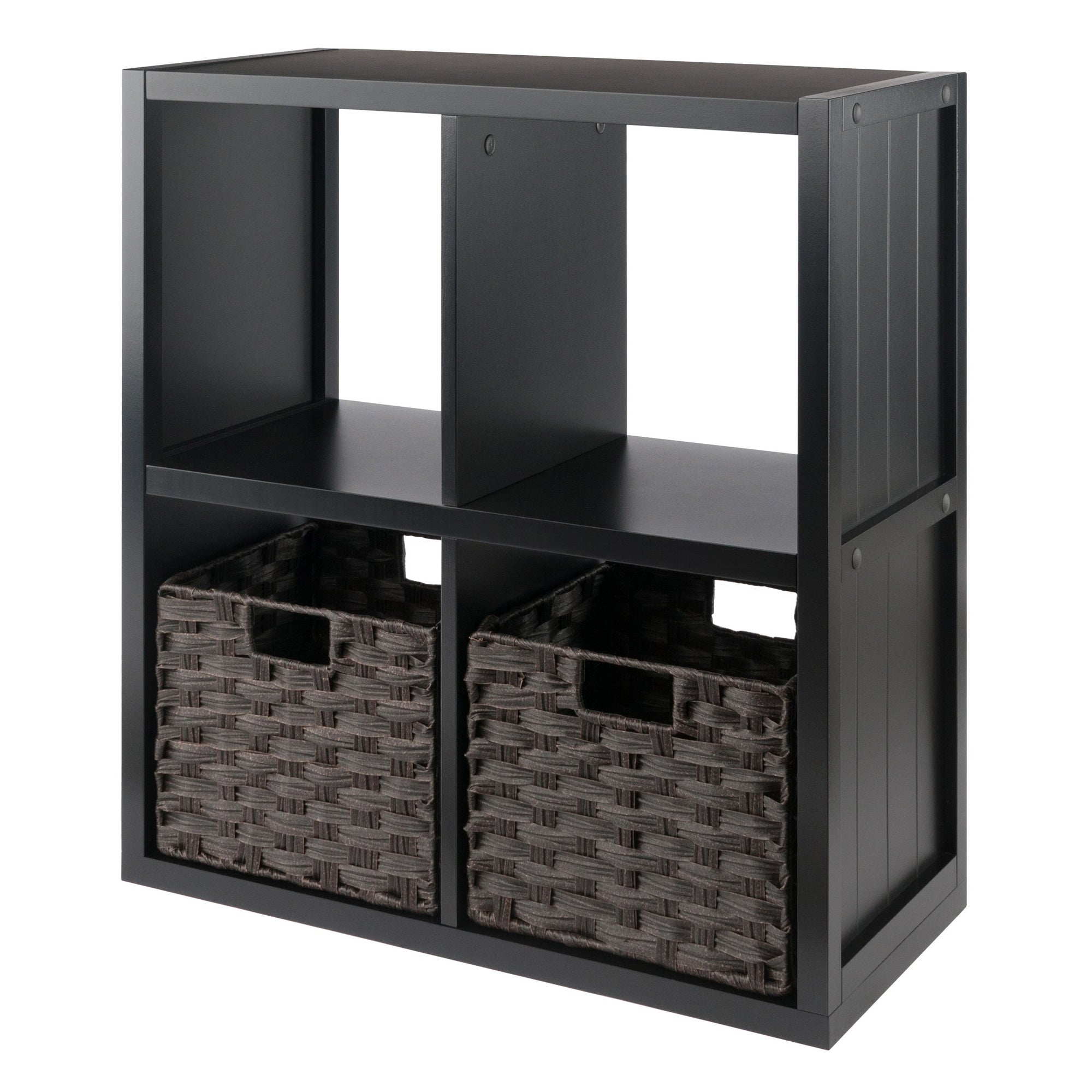 Timothy 3-Pc 2x2 Storage Shelf with 2 Foldable Woven Baskets; Black and Chocolate