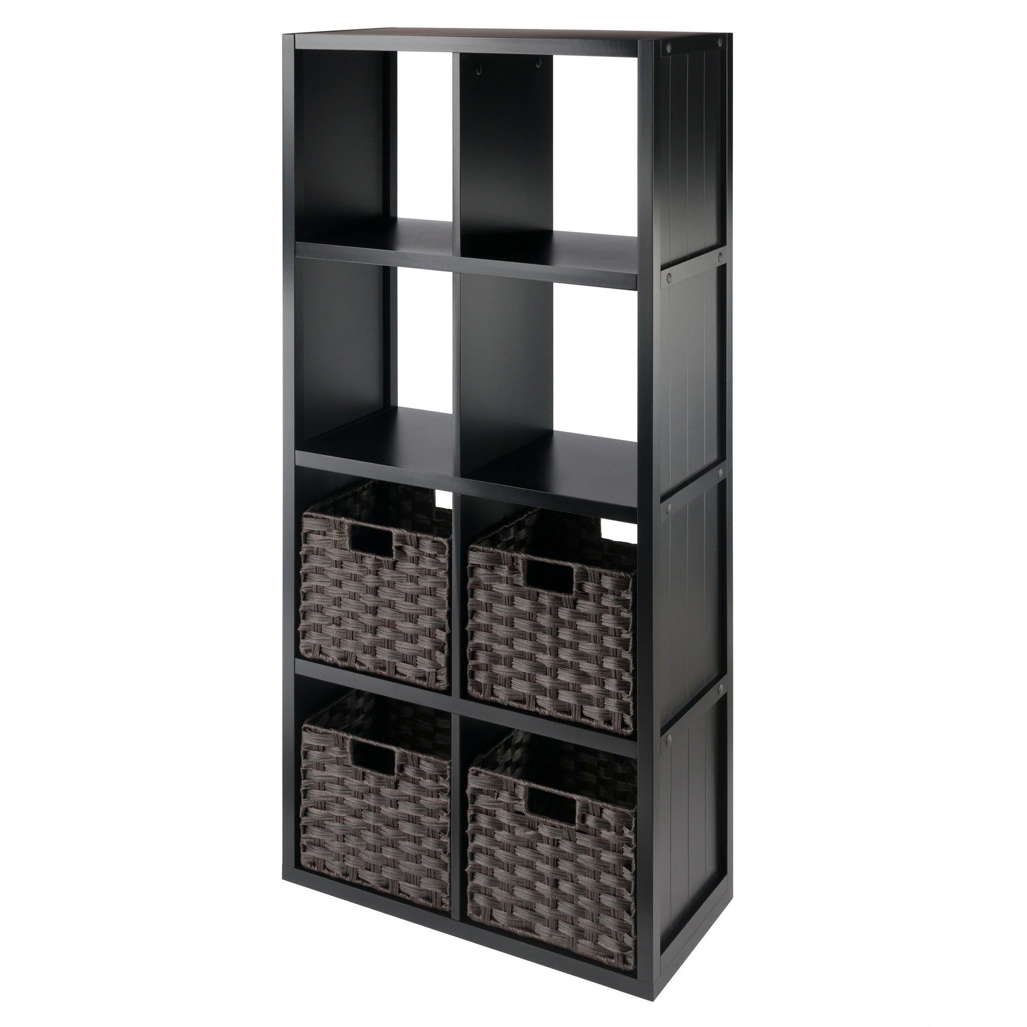 Timothy 5-Pc 4x2 Storage Shelf with 4 Foldable Woven Baskets; Black and Chocolate