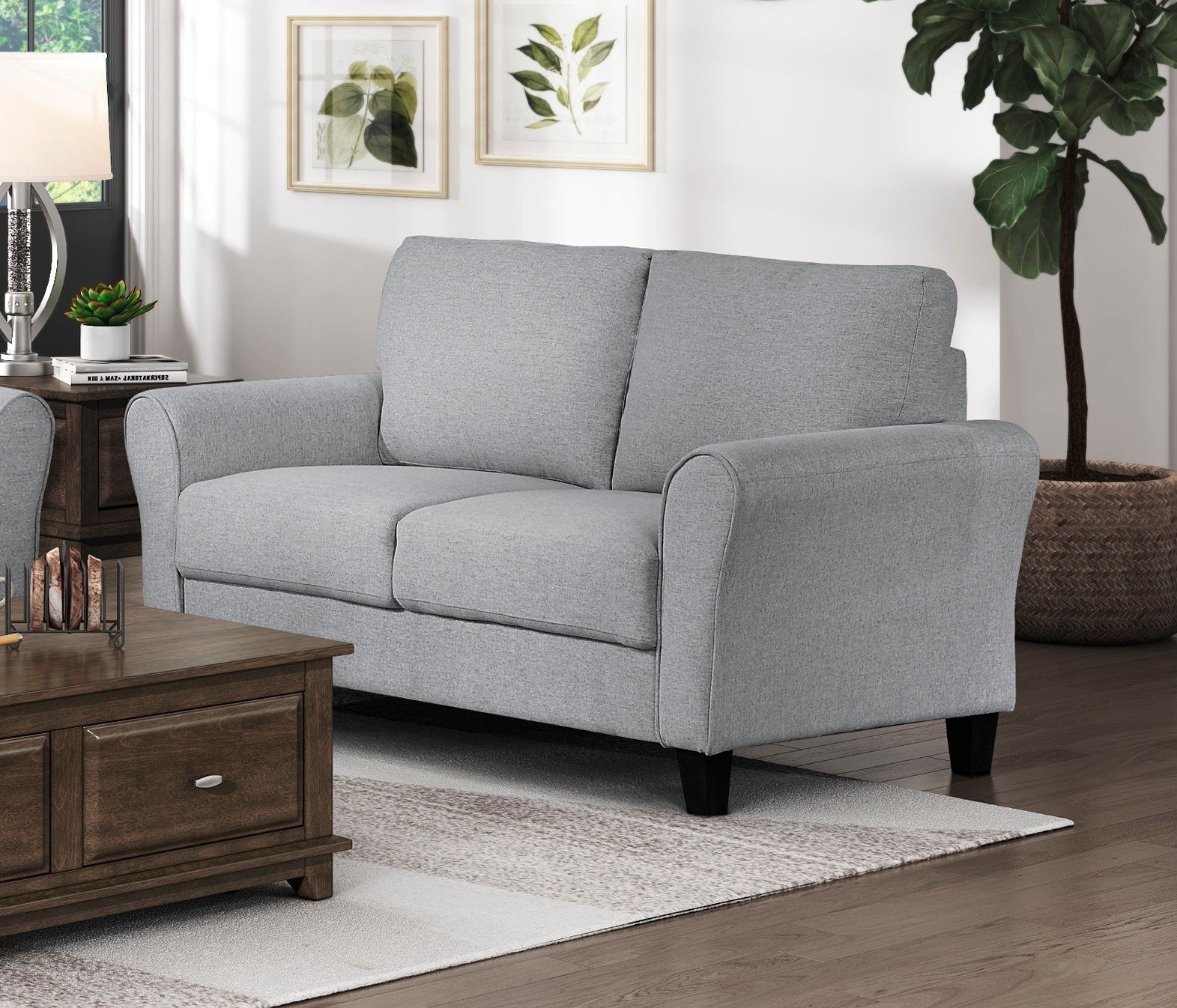 Modern 1pc Loveseat Textured Fabric Upholstered Rounded Arms Attached Cushions Transitional Living Room Furniture