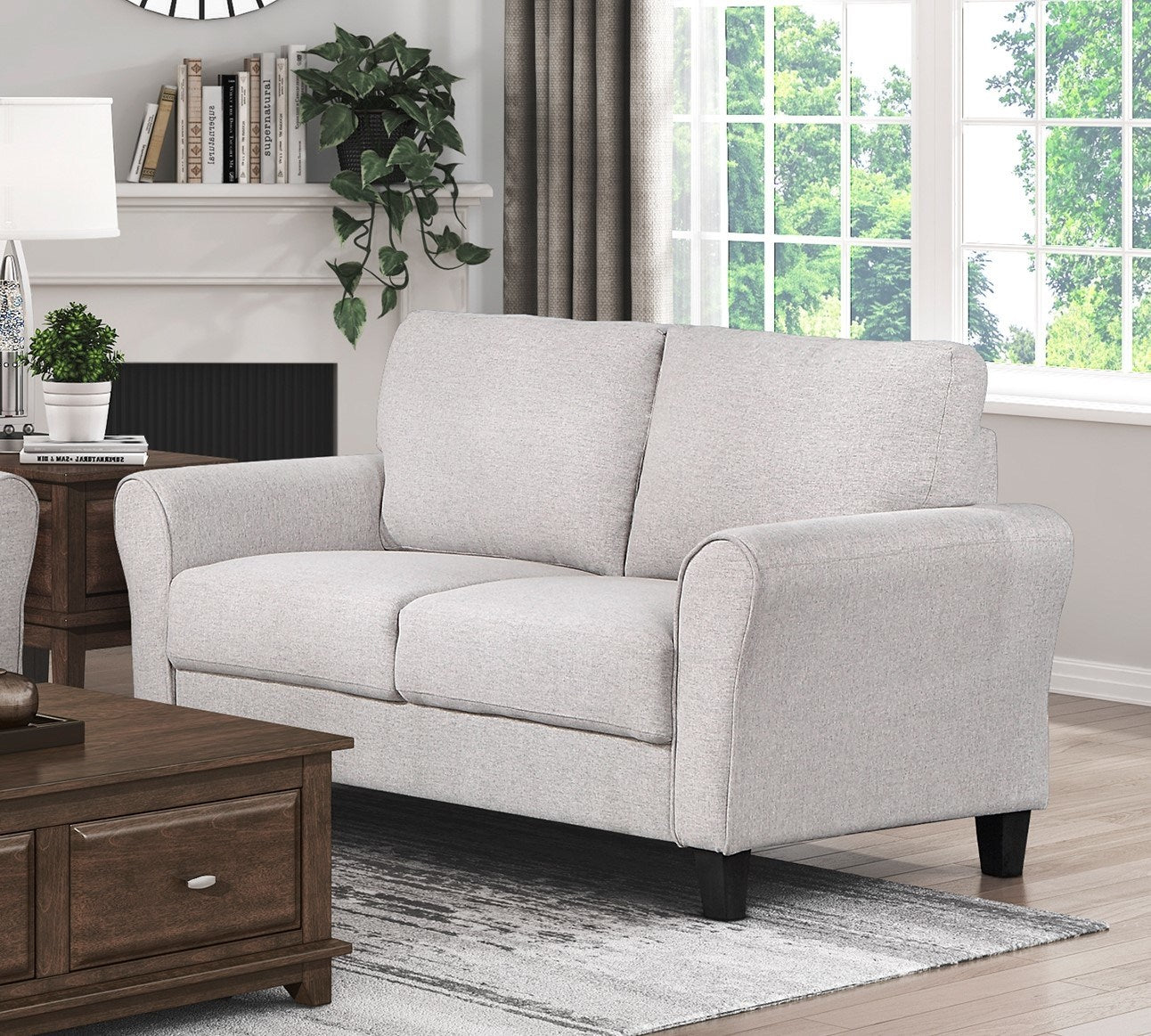 Modern 1pc Loveseat Textured Fabric Upholstered Rounded Arms Attached Cushions Transitional Living Room Furniture