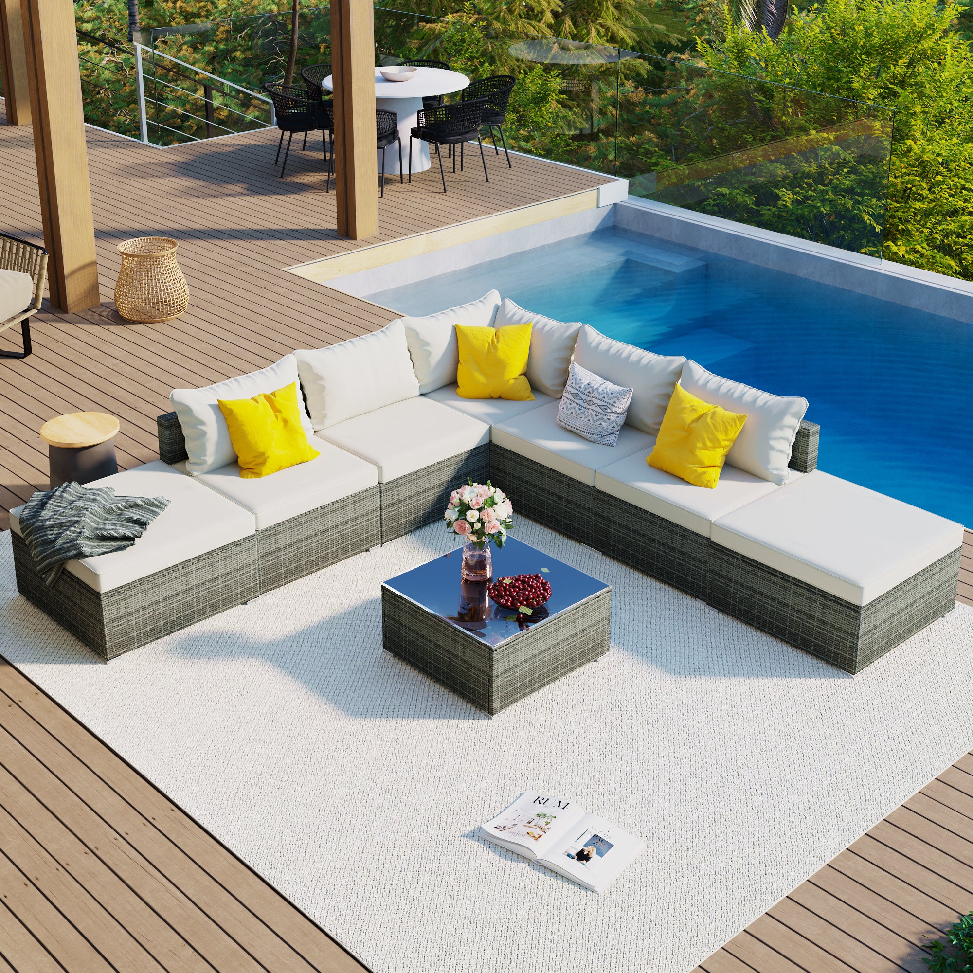 8-Pieces Outdoor Patio Furniture Sets, Garden Conversation Wicker Sofa Set, Single Sofa Combinable, Beige Cushions Gray Wicker