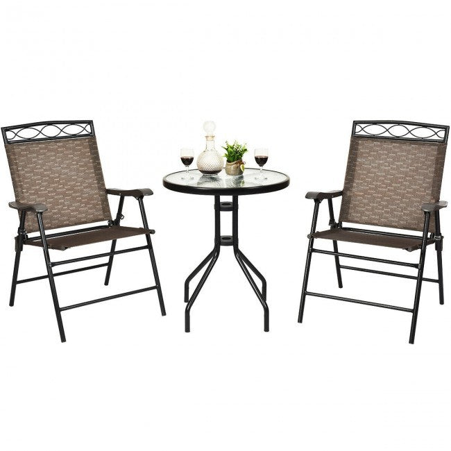 Garden Furniture Outdoor Patio Bistro 3 Pieces Set of Round Table and Folding Chairs