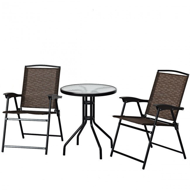 Garden Furniture Outdoor Patio Bistro 3 Pieces Set of Round Table and Folding Chairs