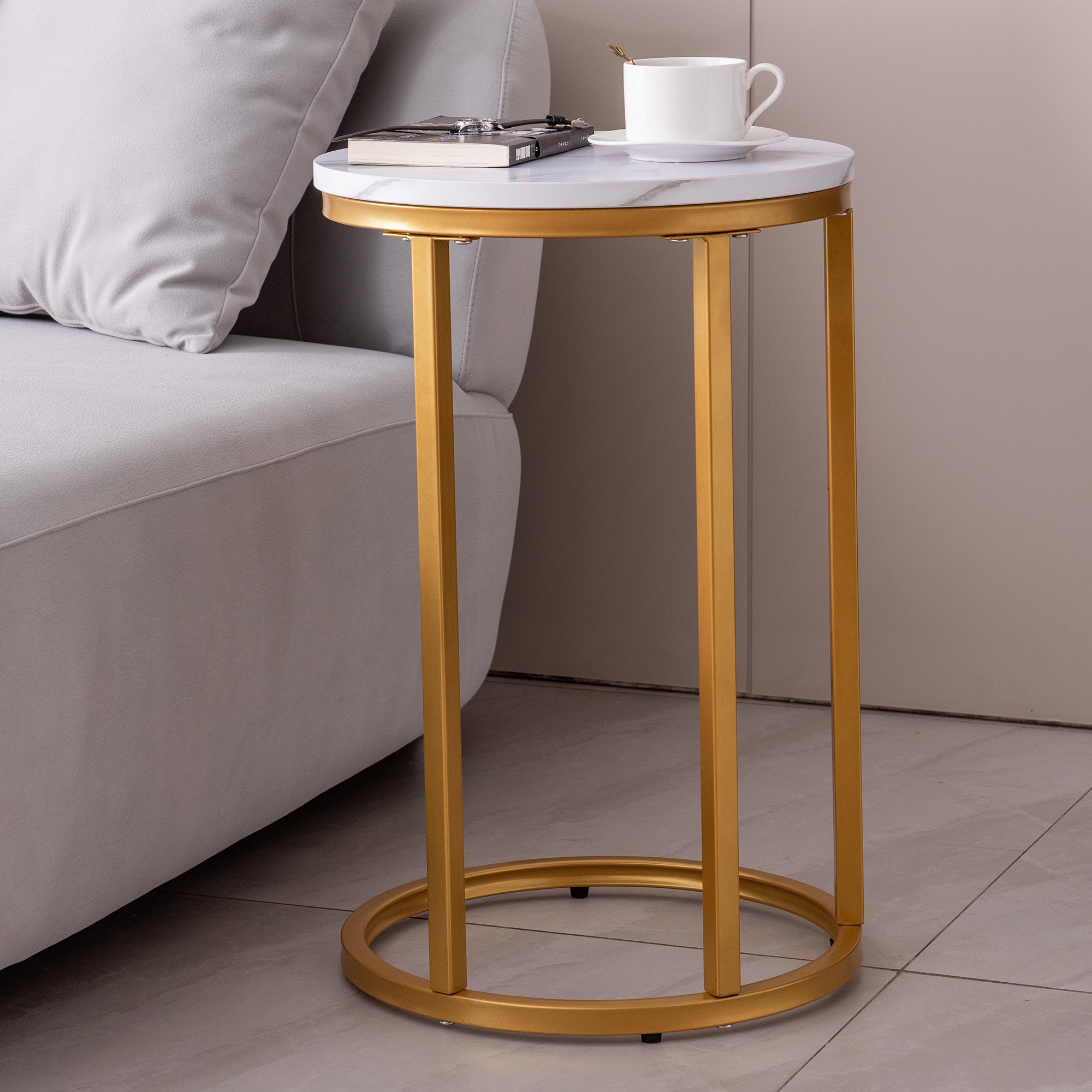 Modern C-shaped end/side table,Golden metal frame with round marble color top-15.75'