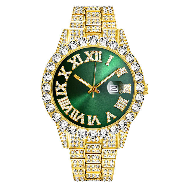 Full Diamond Roman Scale Steel Band Calendar Watch
