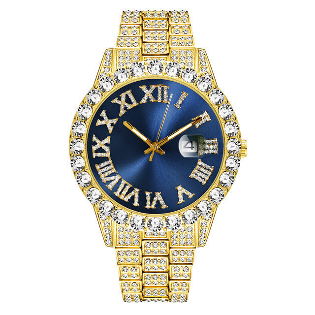 Full Diamond Roman Scale Steel Band Calendar Watch