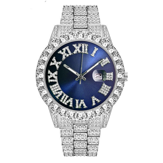 Full Diamond Roman Scale Steel Band Calendar Watch