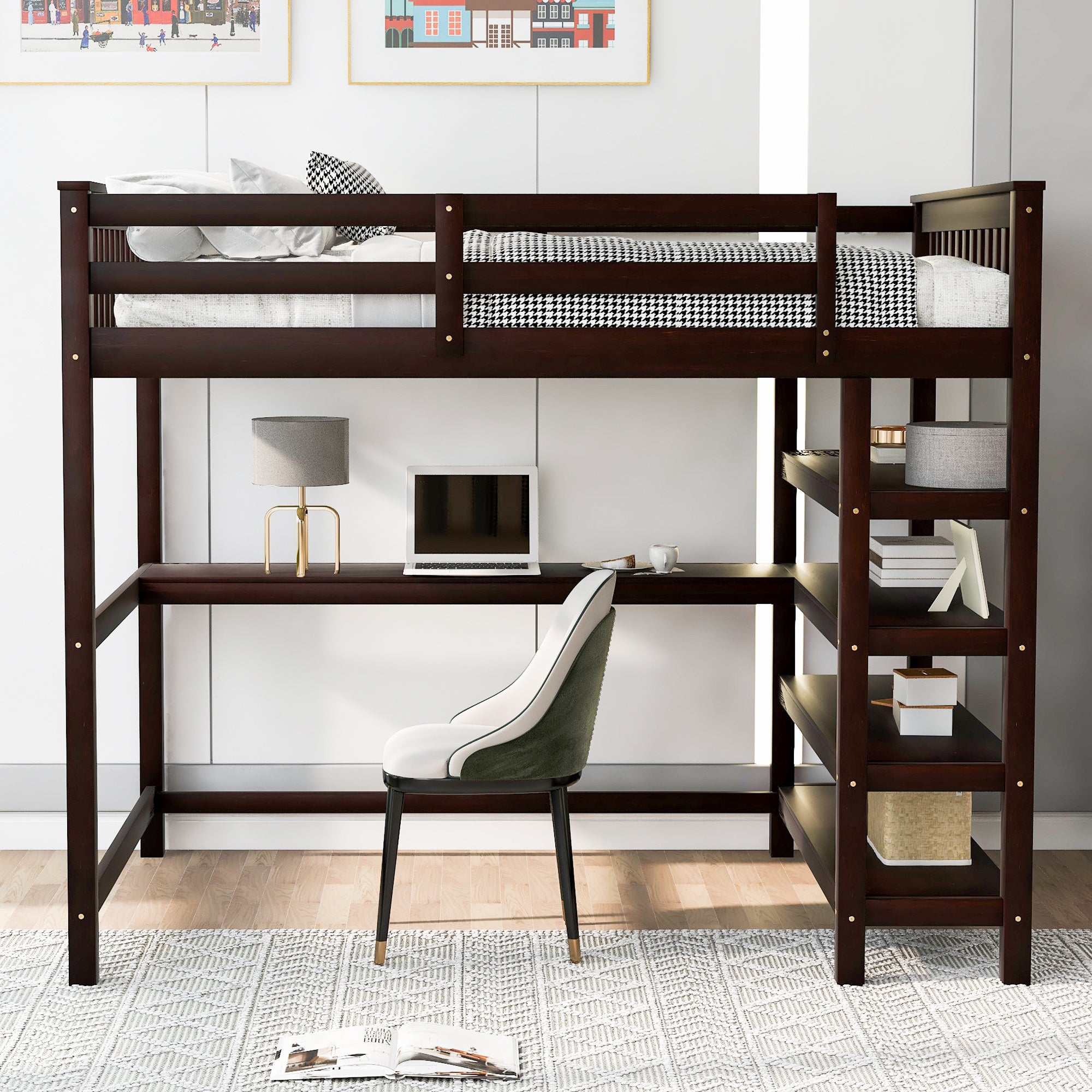 Full Size Loft Bed with Storage Shelves and Under-bed Desk