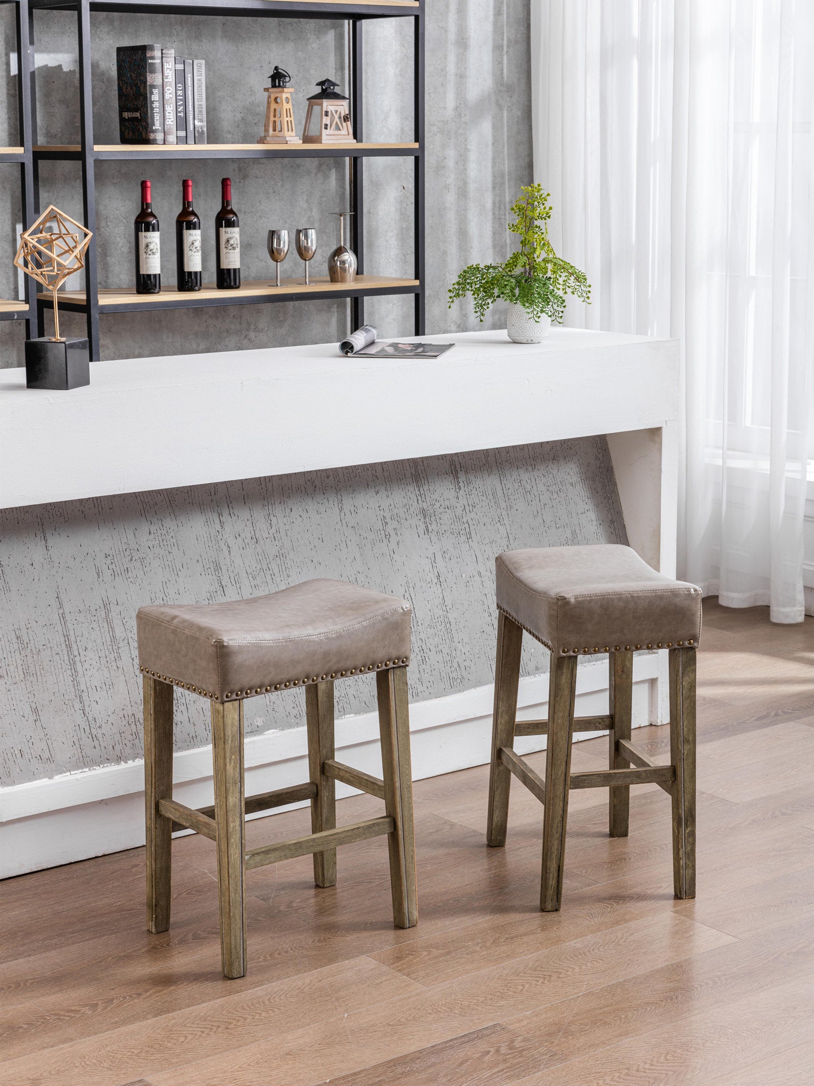 Counter Height 26" Bar Stools for Kitchen Counter Backless Faux Leather Stools Farmhouse Island Chairs (26 Inch; Gray; Set of 2)