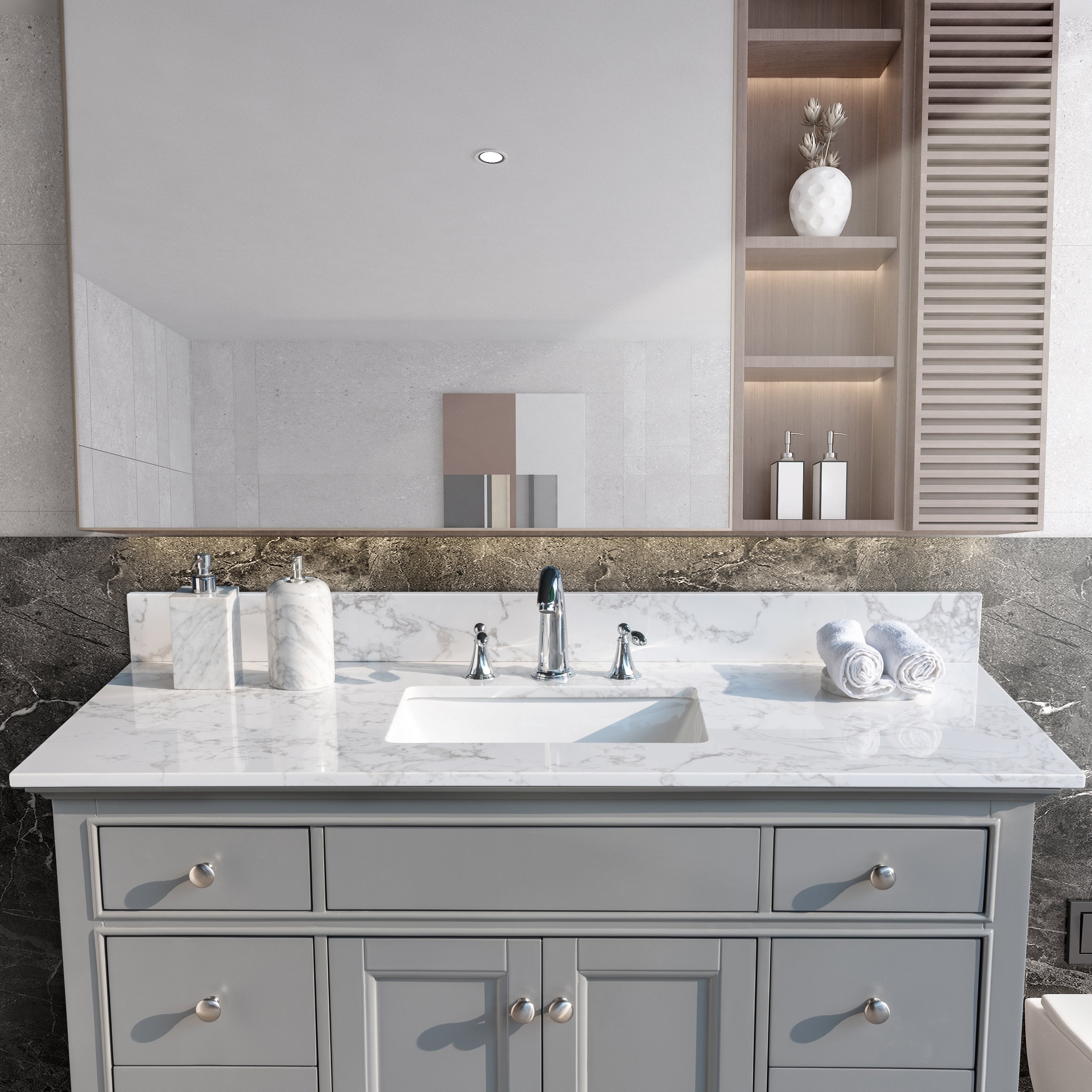 49''x22" bathroom stone vanity top engineered stone carrara white marble color with rectangle undermount ceramic sink and 3 faucet hole with back splash .