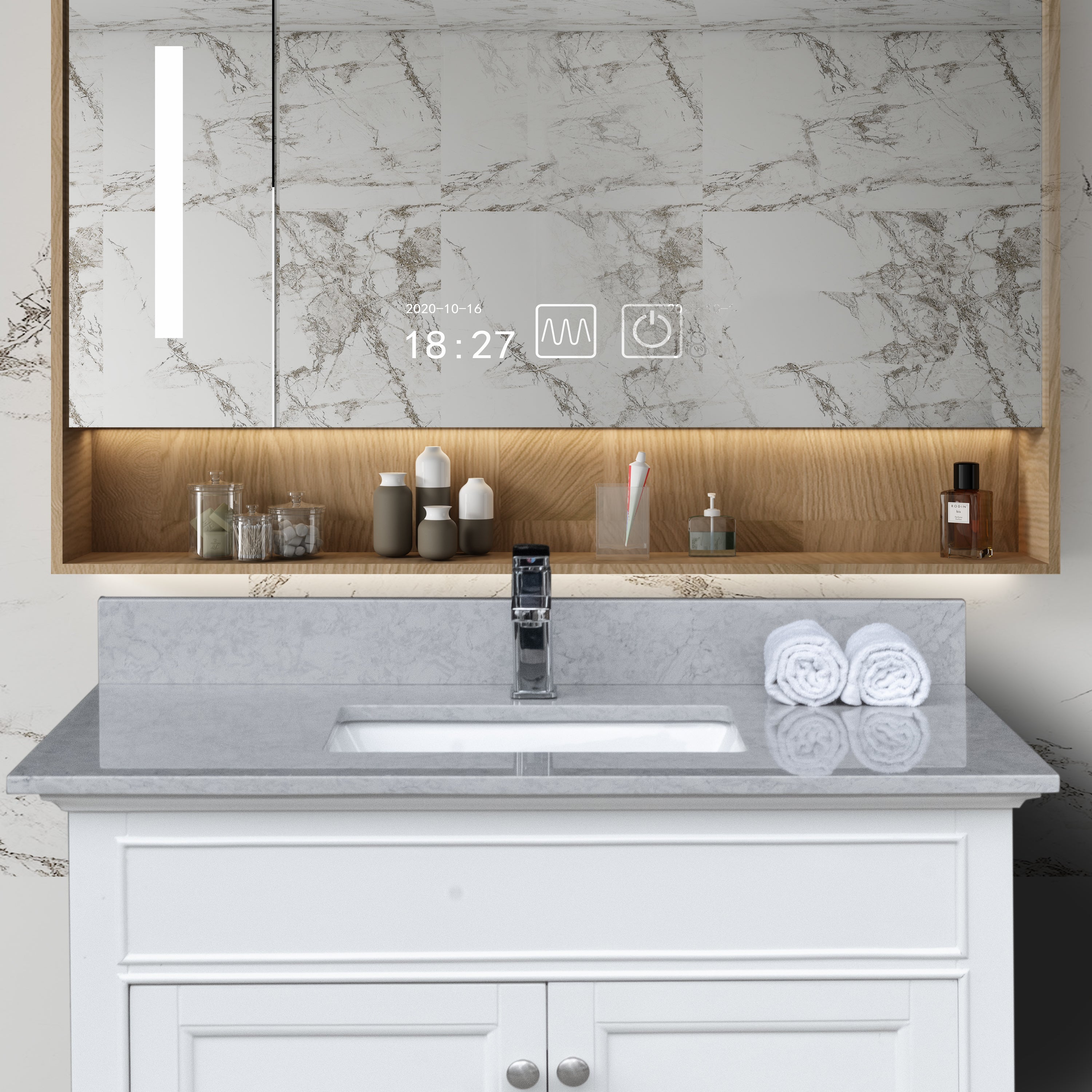 37 inches bathroom stone vanity top calacatta gray engineered marble color with undermount ceramic sink and single faucet hole with backsplash