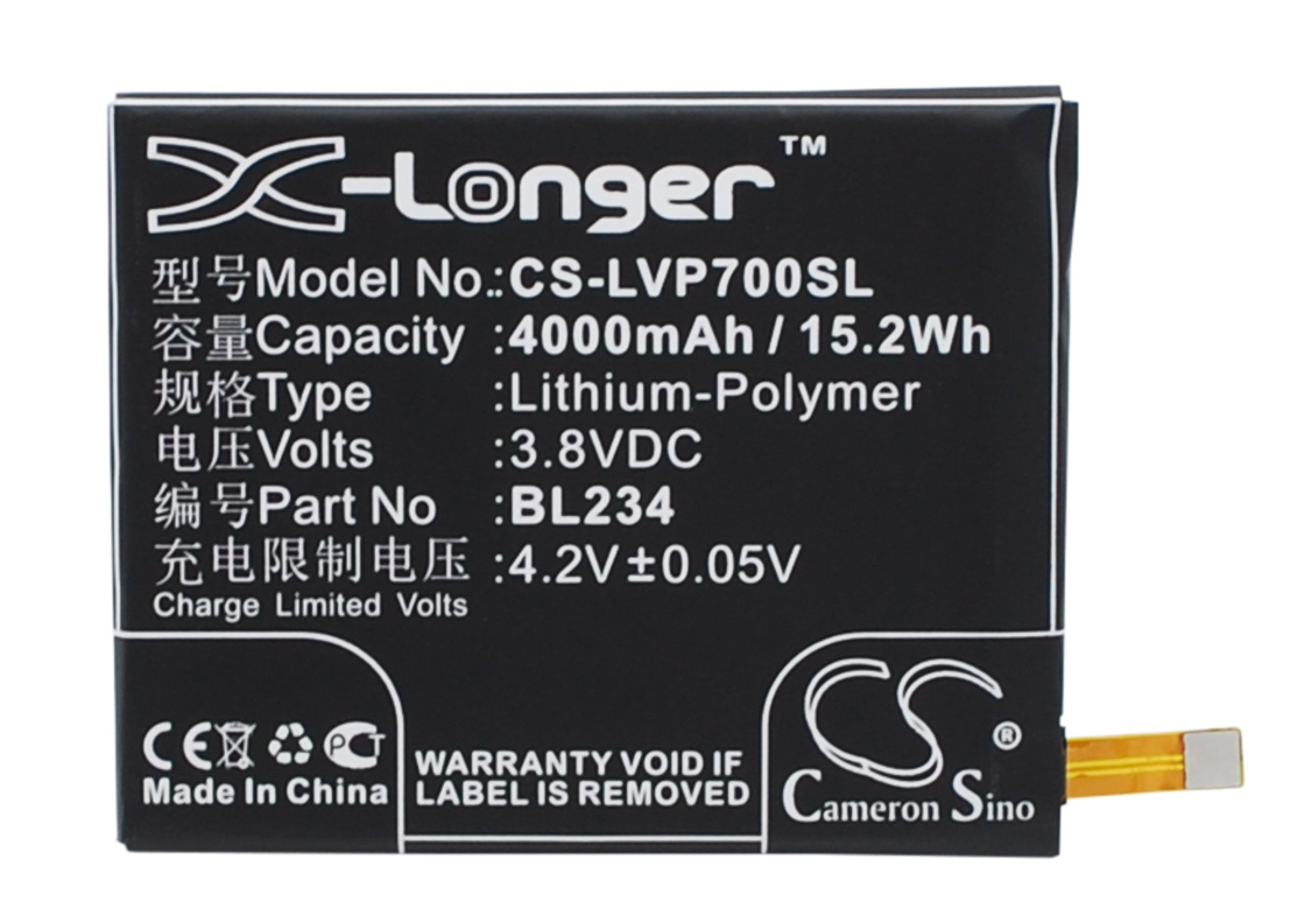 4000mAh Battery - CS-LVP700SL / Li-Polymer / Volts: 3.8V