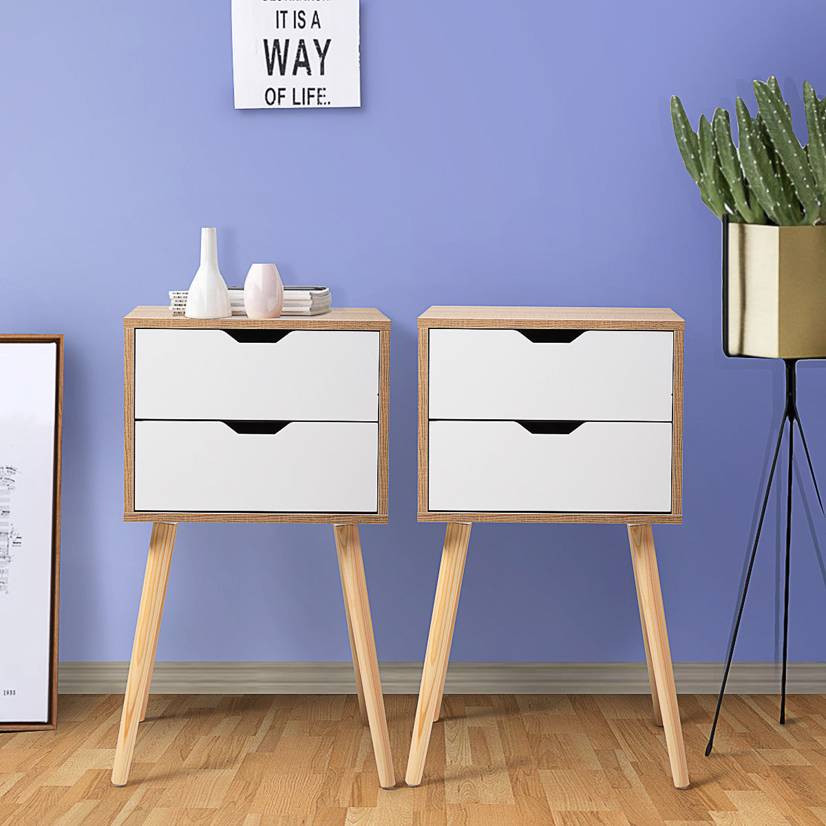 Set of 2 Wooden Modern Nightstand with 2 Drawers and 4 Solid Splayed Legs, Living Room Bedroom Furniture