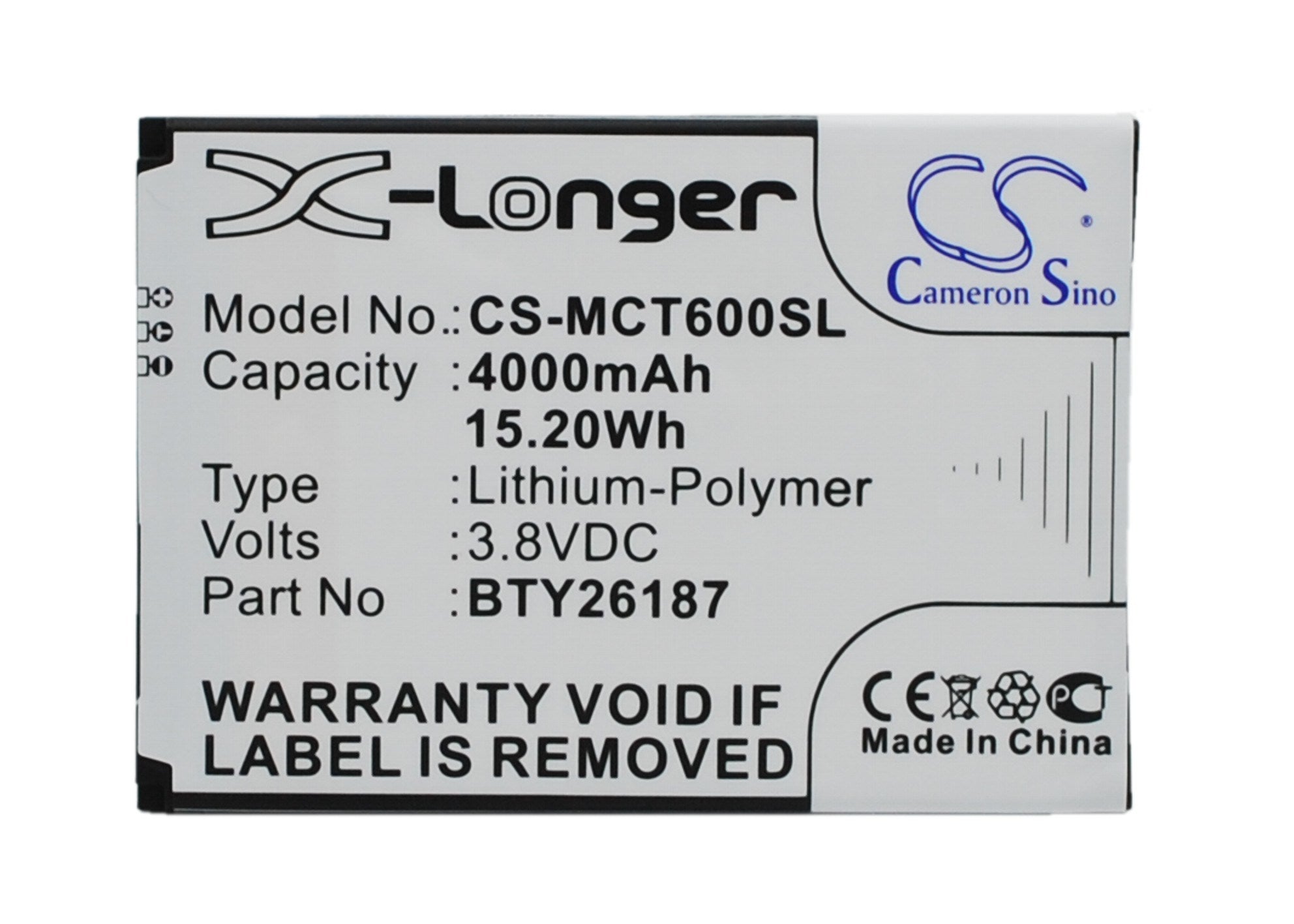 4000mAh Battery - CS-MCT600SL / Li-Polymer / Volts: 3.8