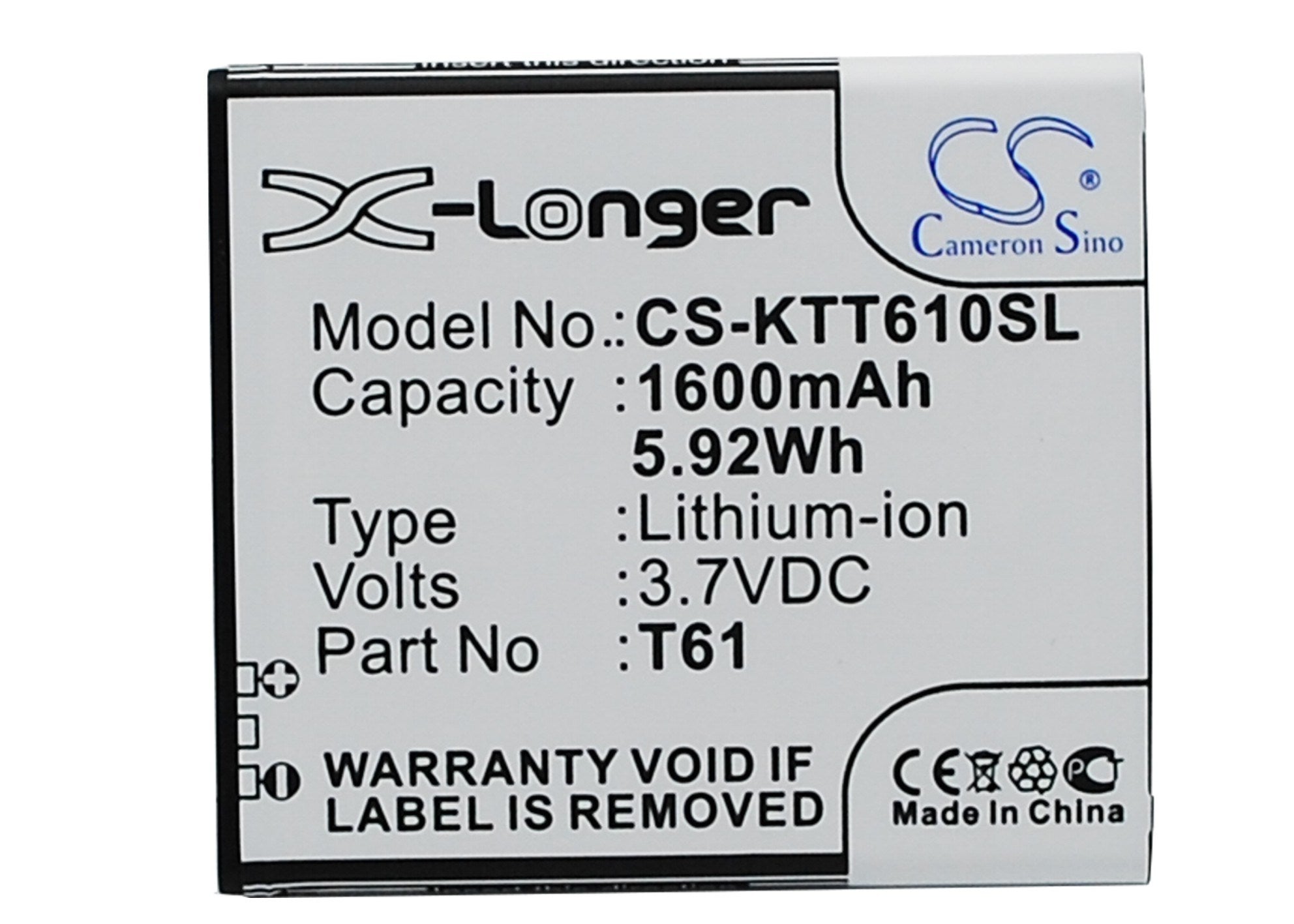1600mAh Battery - CS-KTT610SL / Li-ion / Volts: 3.7