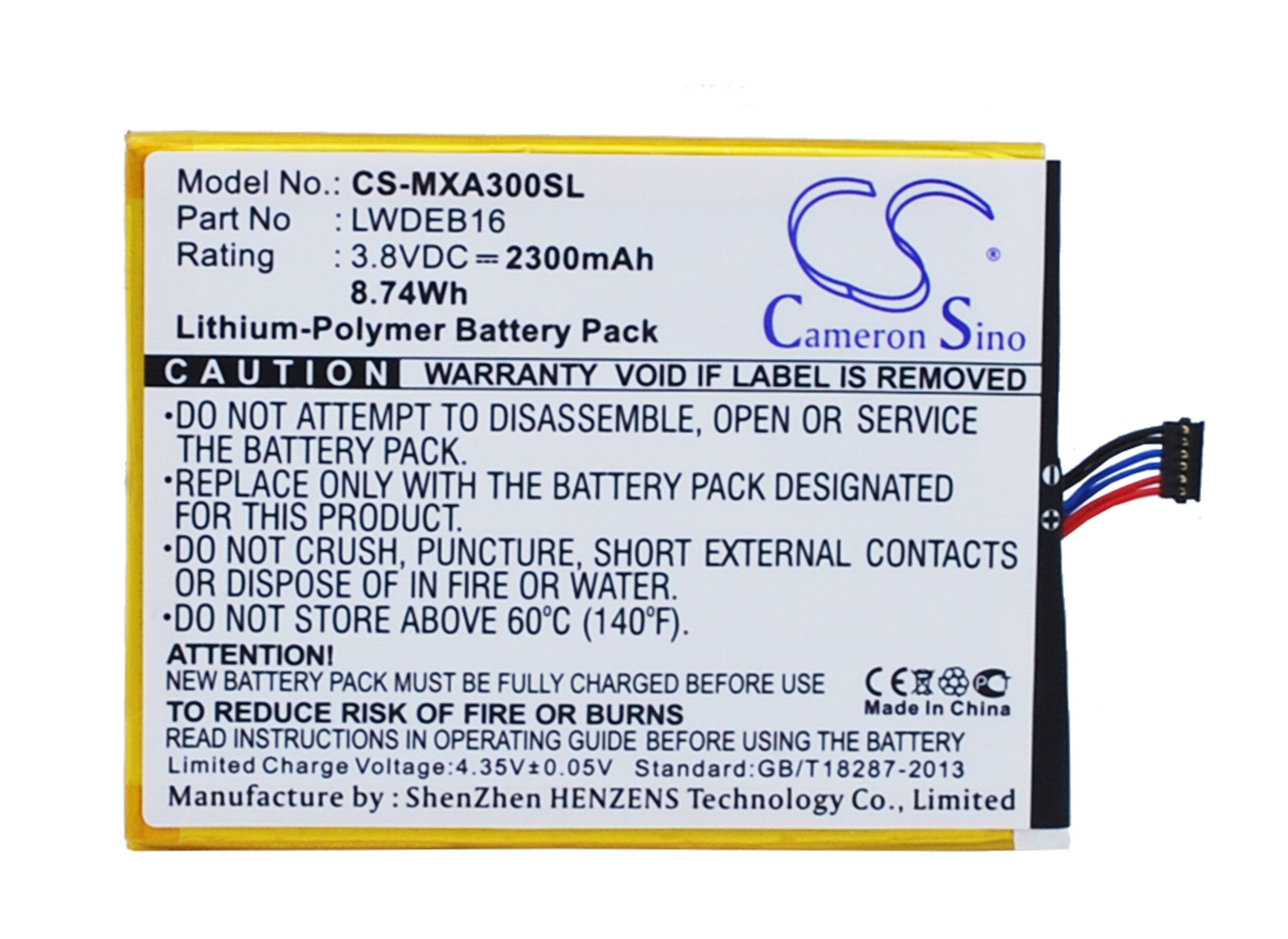 2300mAh Battery - CS-MXA300SL / Li-Polymer / Volts: 3.8