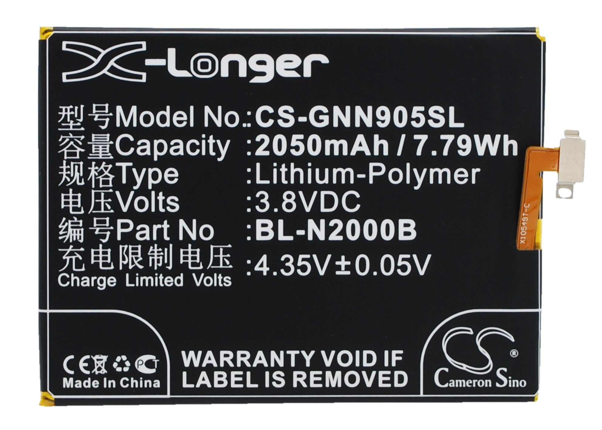 2050mAh Battery - CS-GNN905SL / Li-Polymer / Volts: 3.8