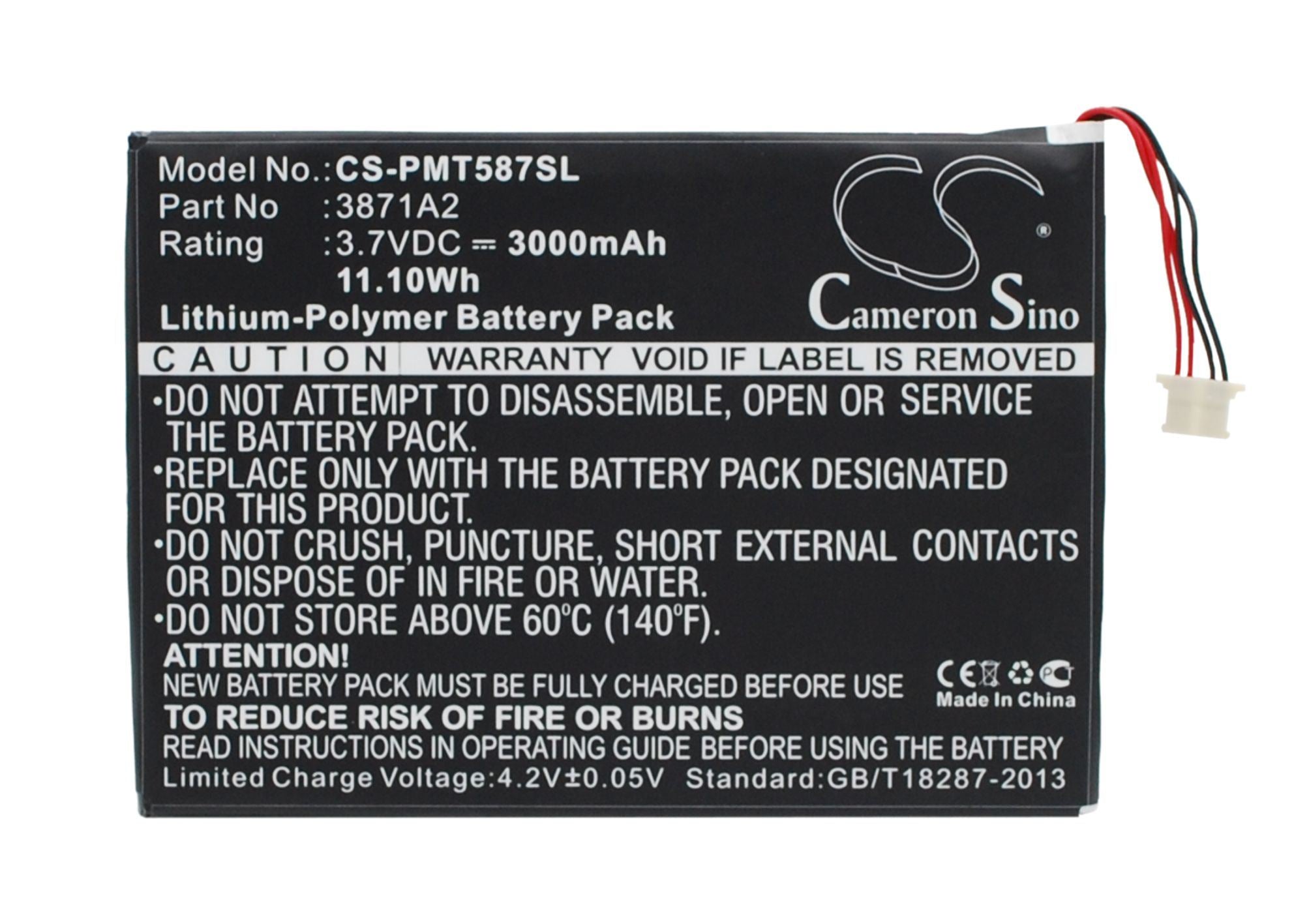 3000mAh Battery - CS-PMT587SL / Li-Polymer / Volts: 3.7
