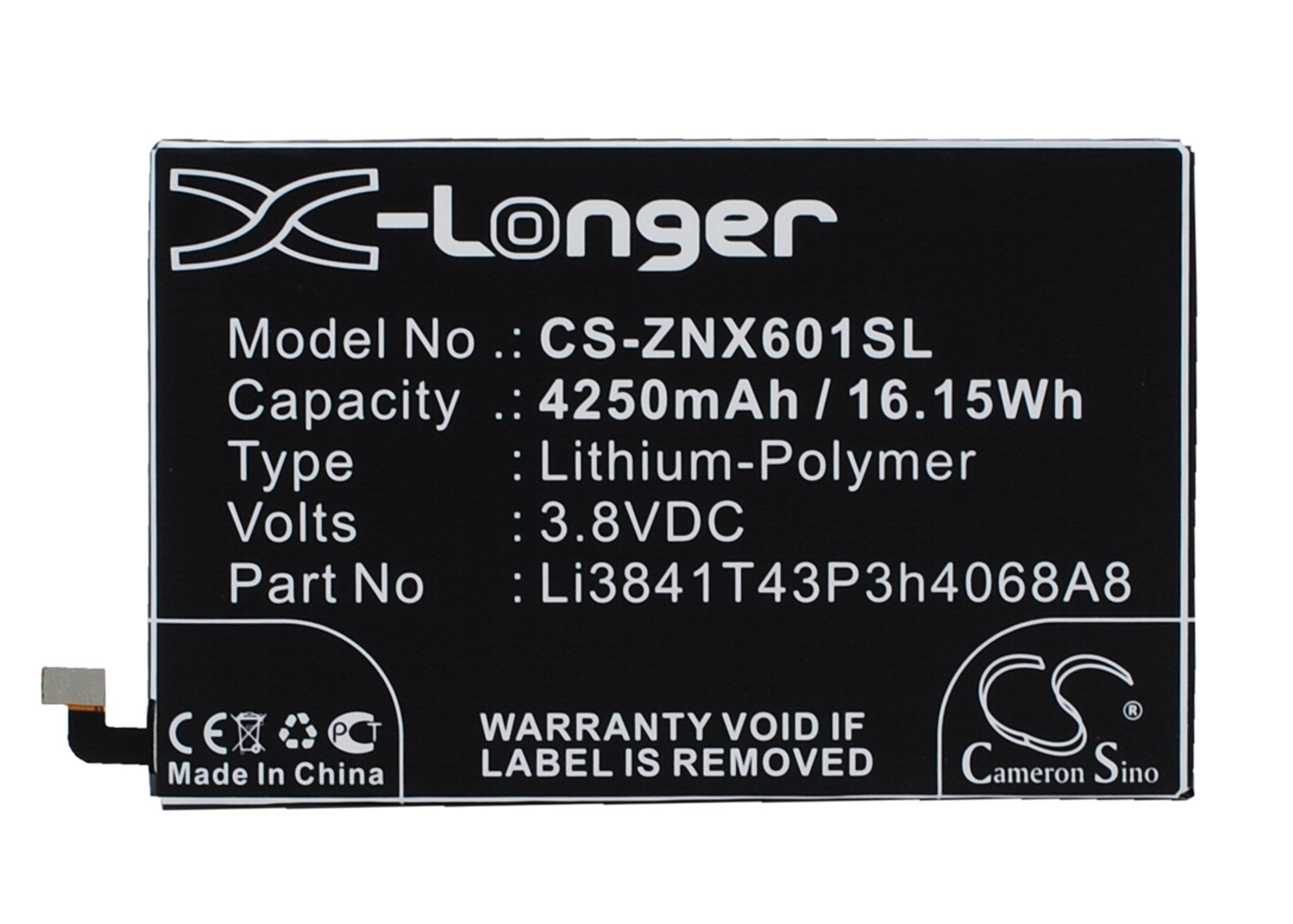 4250mAh Battery - CS-ZNX601SL / Li-Polymer / Volts: 3.8V