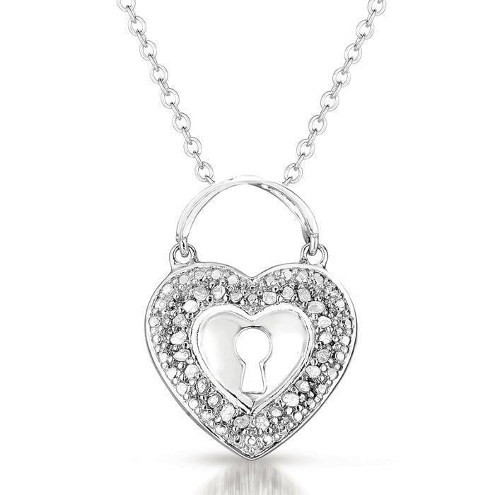 Sterling Silver Heart Lock Diamond Pendant Necklace