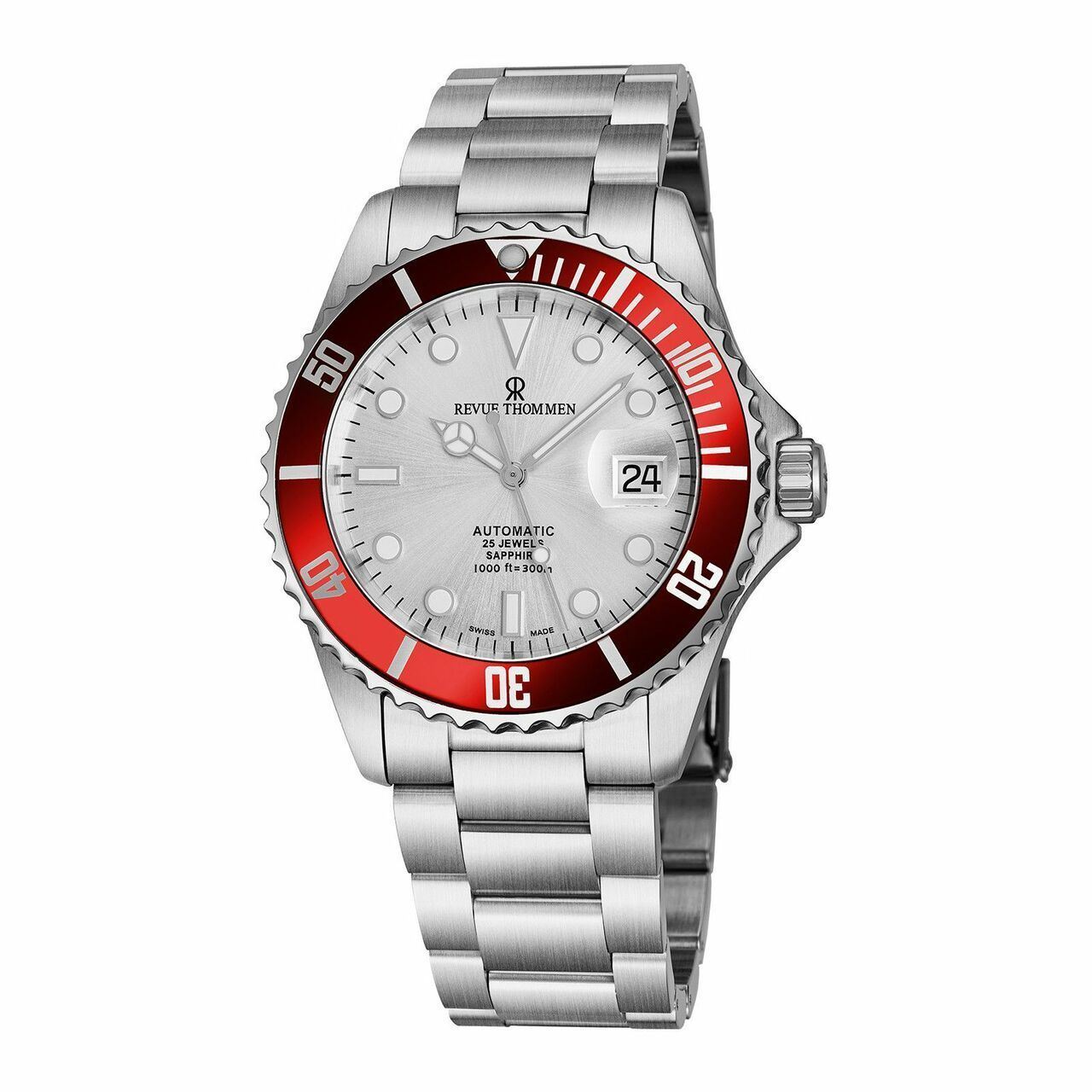 Revue Thommen 17571.2126 Diver Silver Dial Red Bezel Stainless Steel Swiss Watch