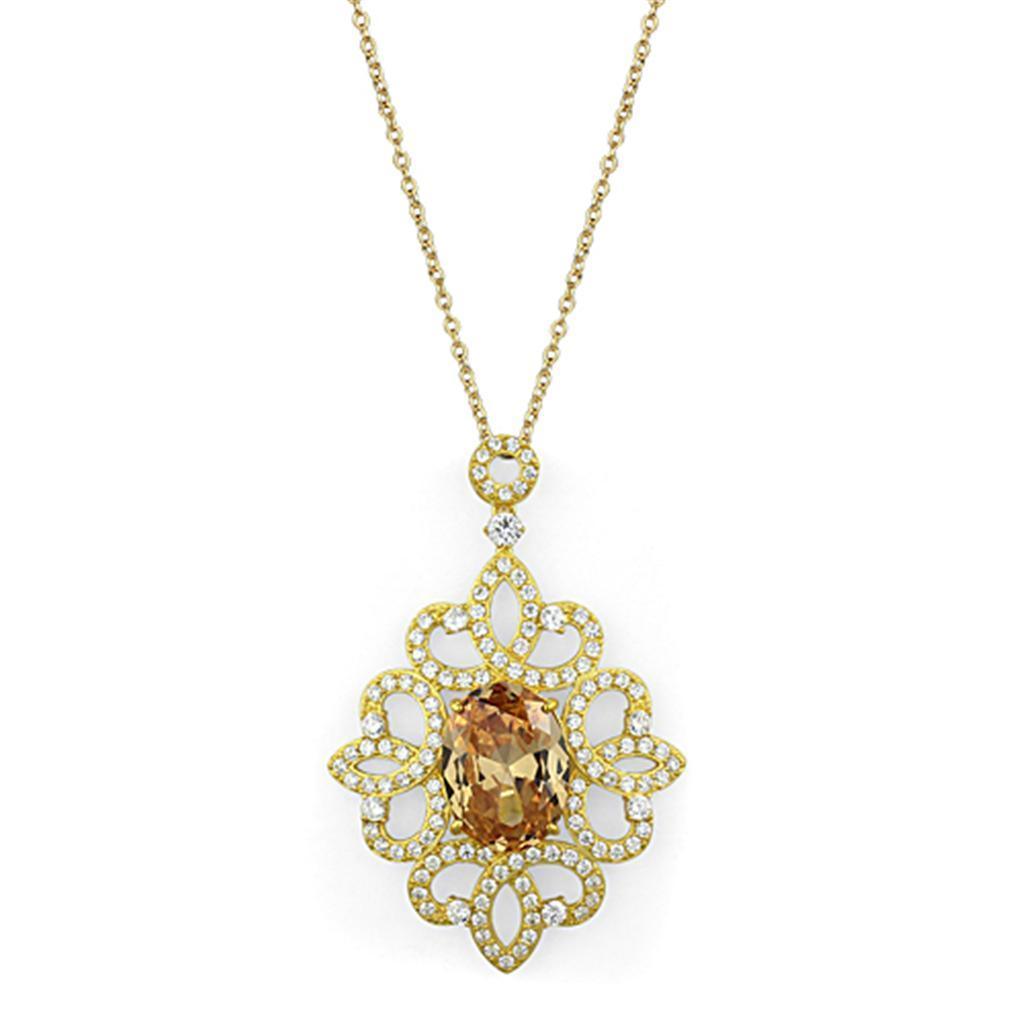 LOS784 - Gold 925 Sterling Silver Chain Pendant with AAA Grade CZ in Champagne