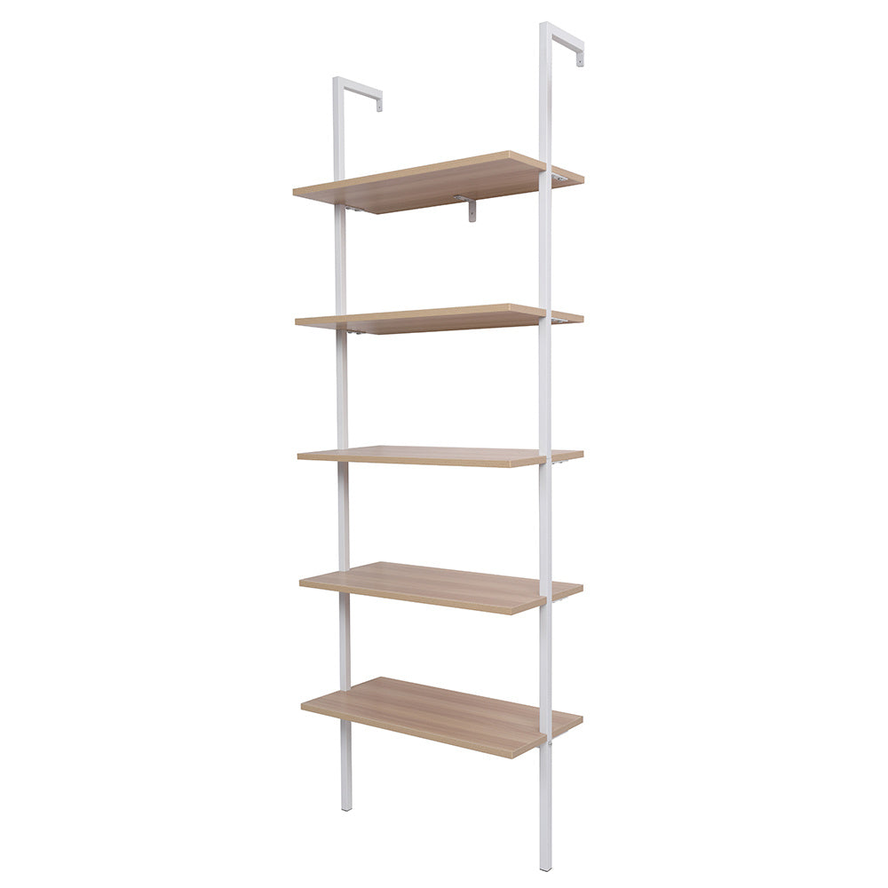 5-Shelf Wood Ladder Bookcase with Metal Frame Industrial 5-Tier Modern Ladder Shelf