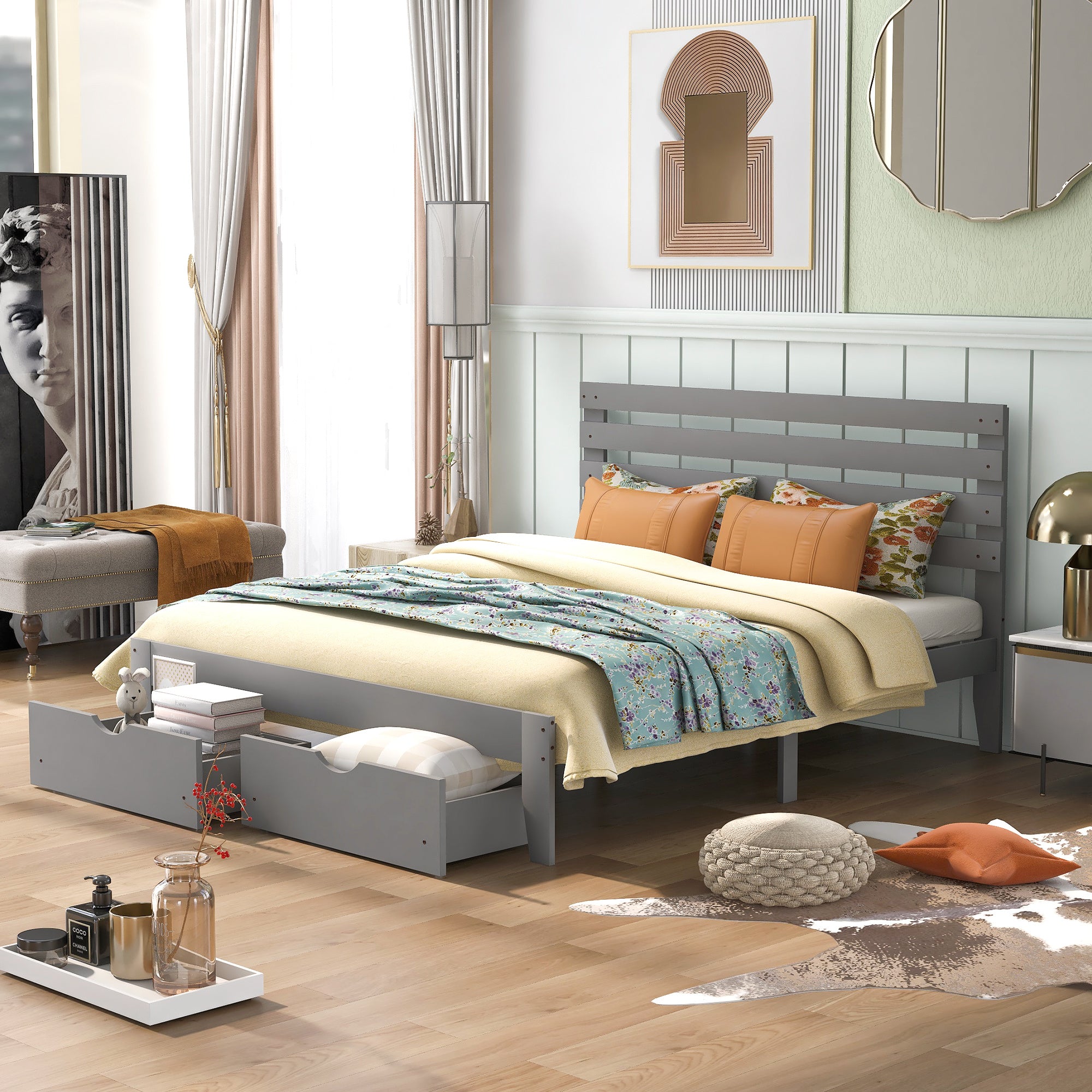 Queen Size Platform Bed with Drawers; Gray RT