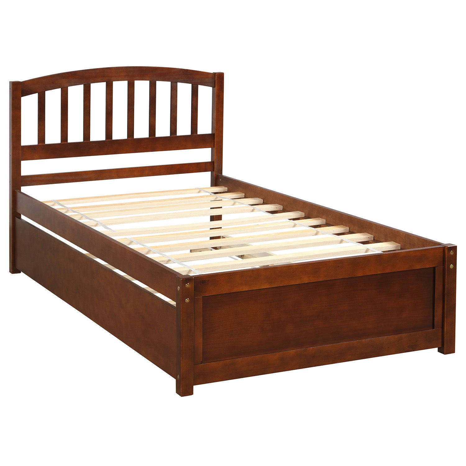 Twin size Platform Bed Wood Bed Frame with Trundle; Walnut RT