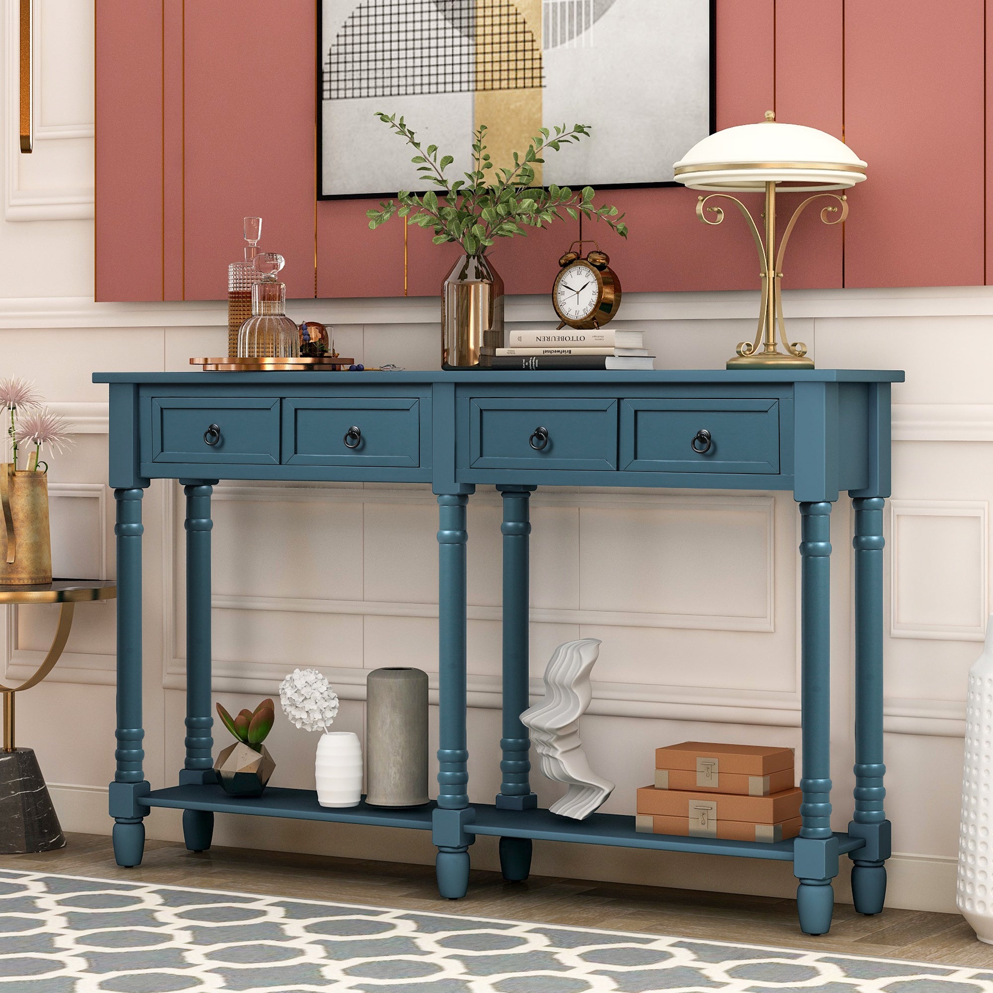 Console Table Sofa Table with Storage Console Tables for Entryway with Drawers and Shelf Rectangular Living Room Table Solid Wood Long (Antique Navy) AL