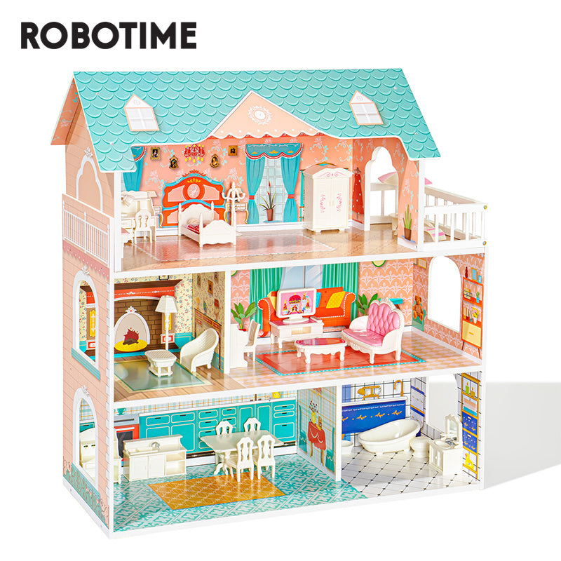 Big Wooden Dollhouse with Furniture Doll House Play Set Gift for Kids Girls