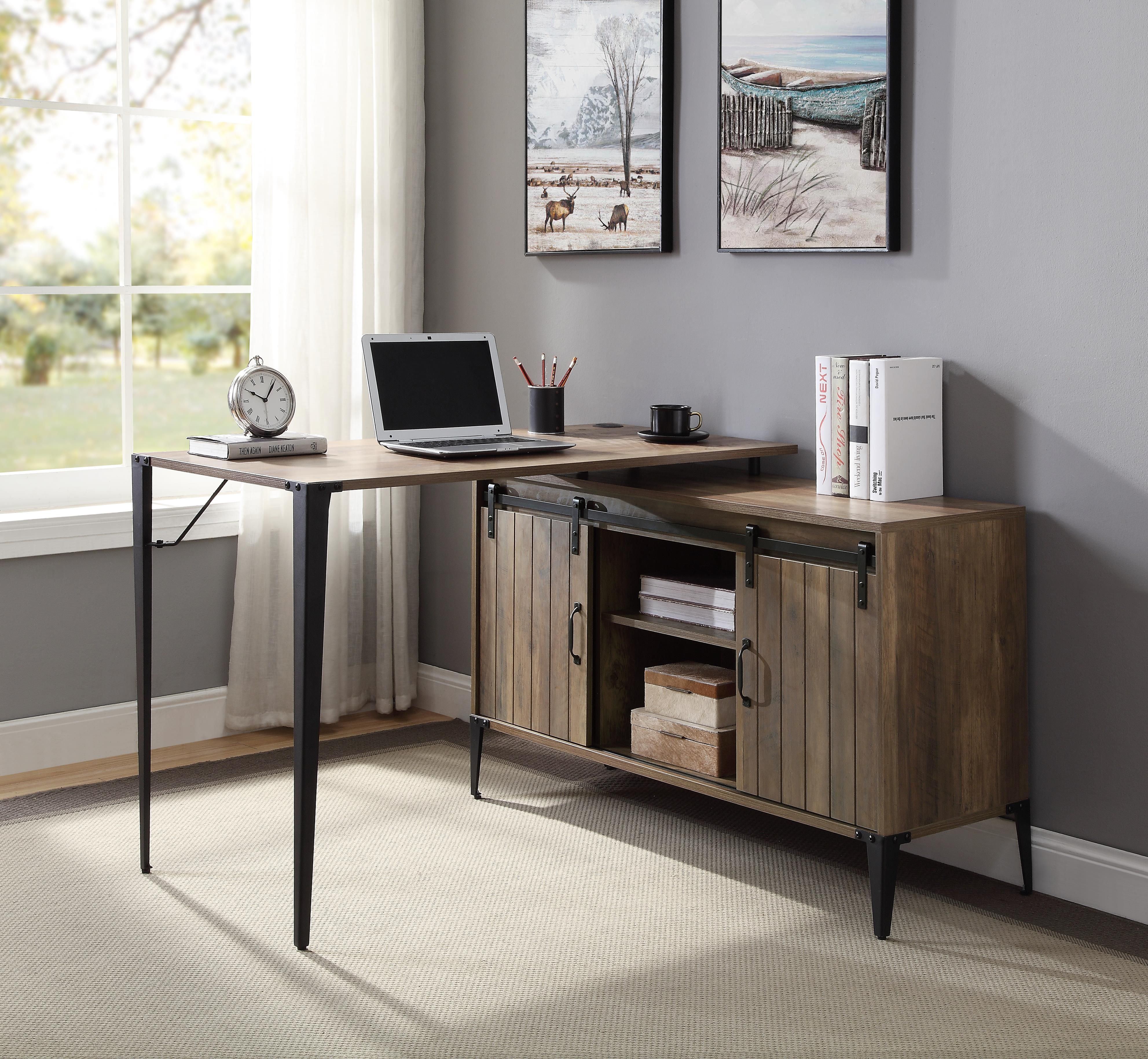 Zakwani Writing Desk w/USB; Rustic Oak & Black Finish