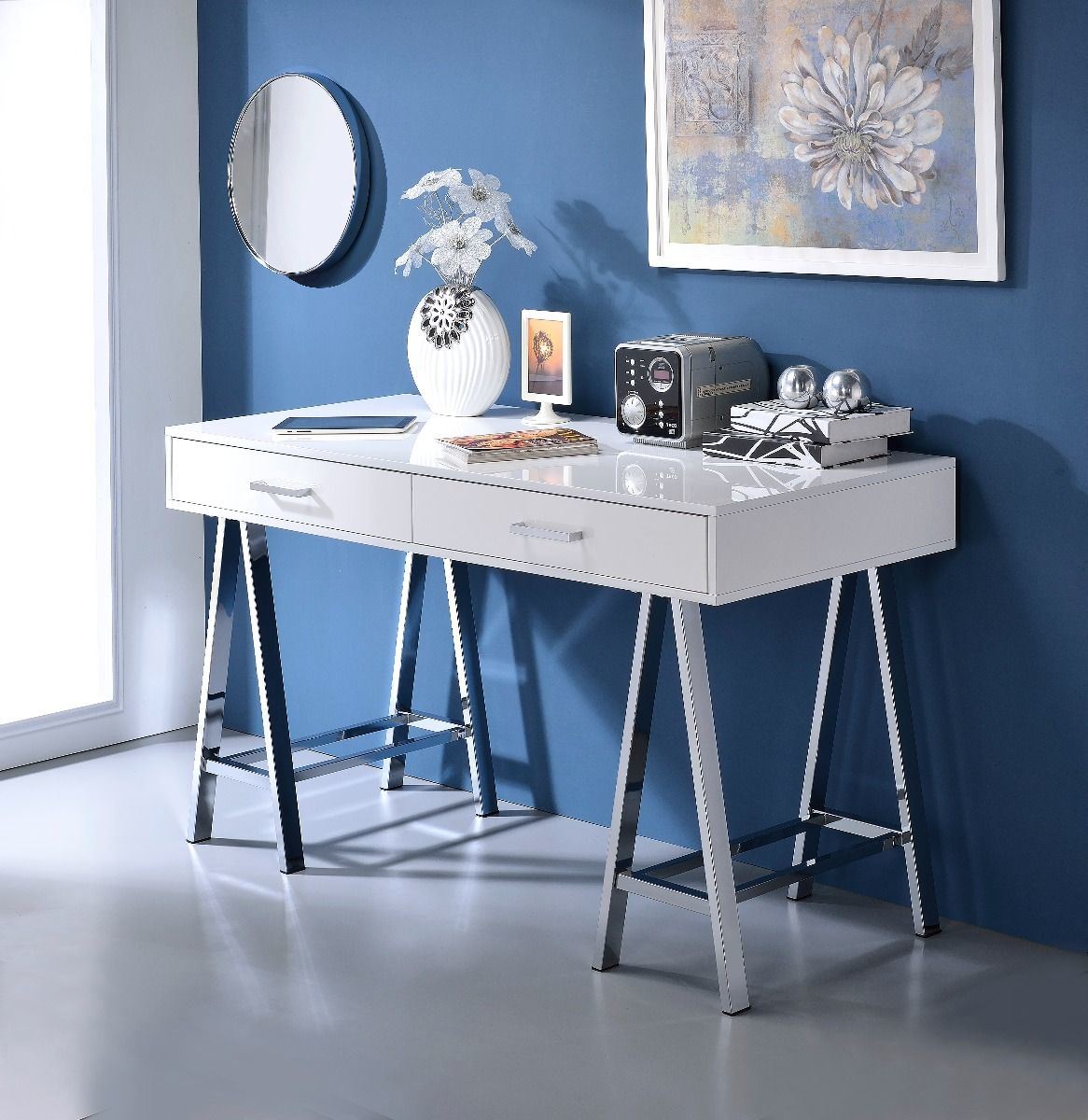 Coleen Built-in USB Port Writing Desk; White High Gloss & Chrome Finish YF