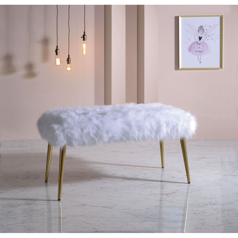 Bagley II Bench in White Faux Fur & Gold YF