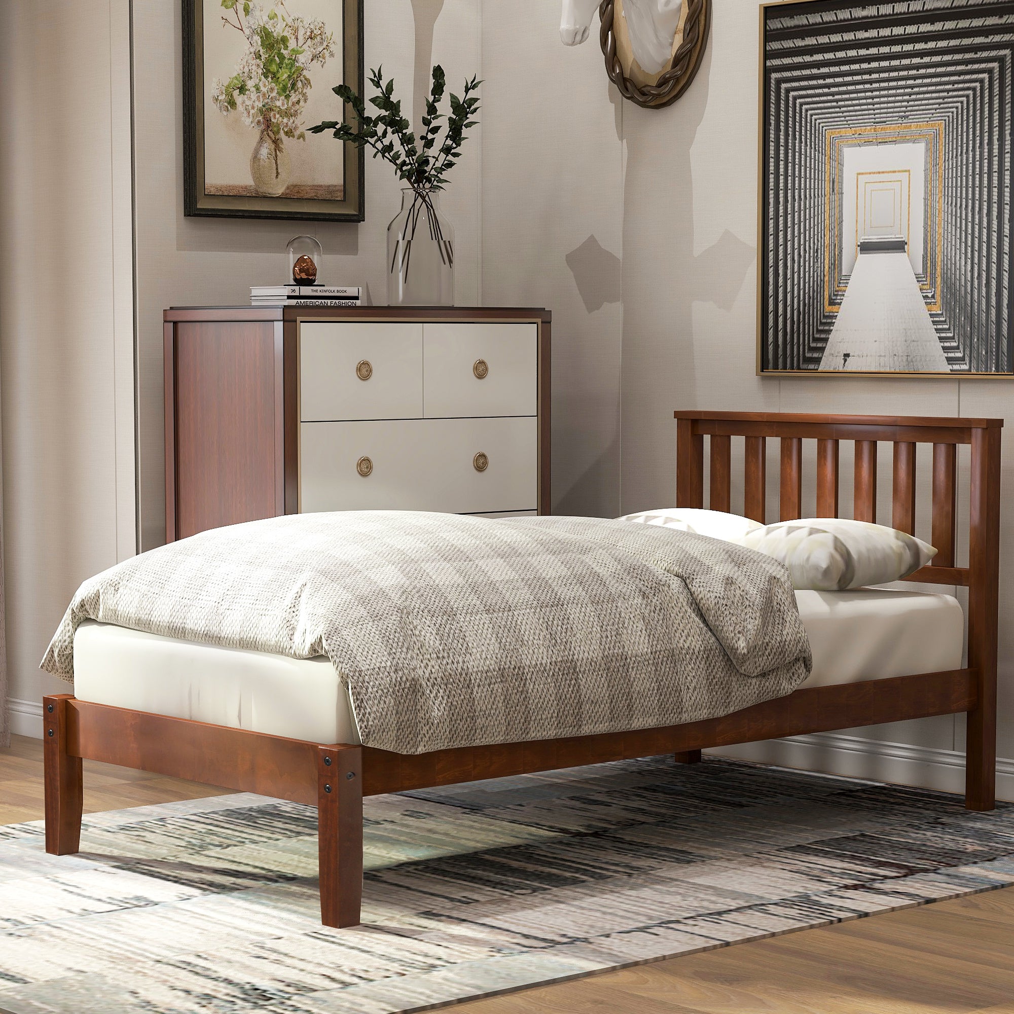 Wood Platform Bed with Headboard/Wood Slat Support; Twin (Walnut) RT